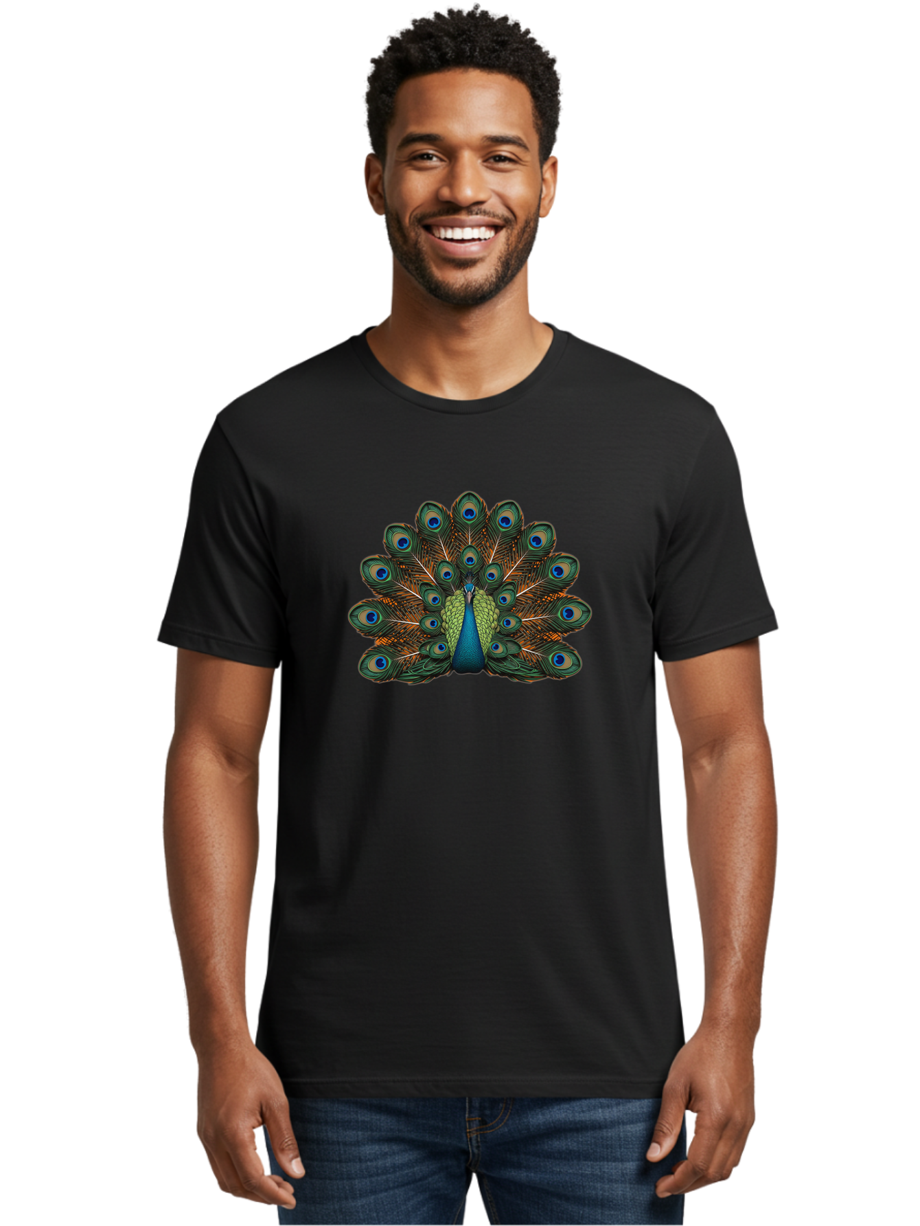 Peacock-With-Tail-Feathers-Spread Men'S Graphic Tee, 100% Cotton, Comfortable Casual Summer Wear, Machine Washable, Peacock, Vibrant Feathers, Blue Eyespots, Green And Gold Plumage, Majestic Bird, Exotic Beauty, Colorful Display, Ornate Tail Bab137