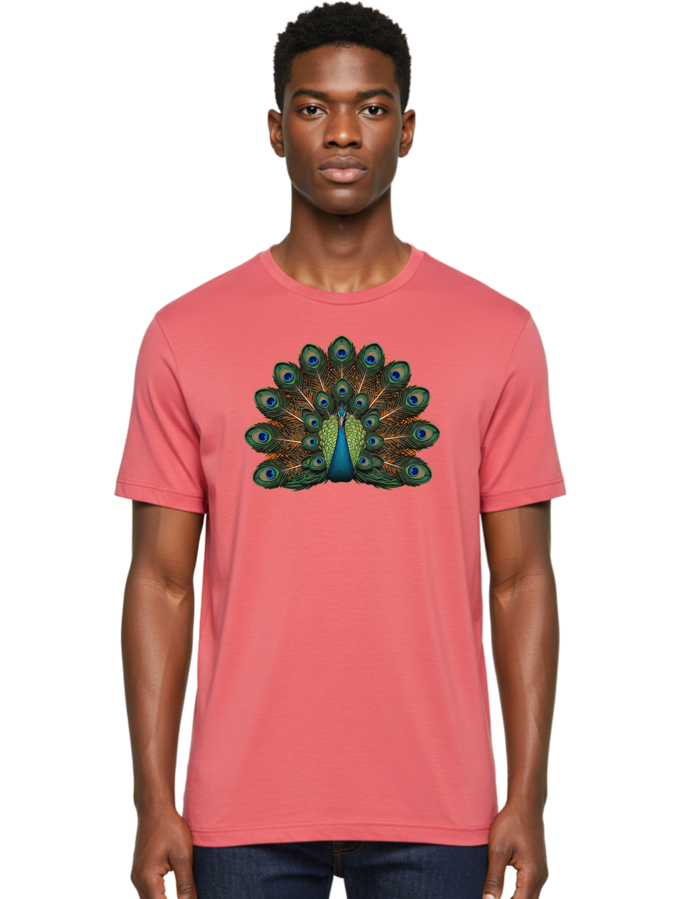 Peacock-With-Tail-Feathers-Spread Men'S Graphic Tee, 100% Cotton, Comfortable Casual Summer Wear, Machine Washable, Peacock, Vibrant Feathers, Blue Eyespots, Green And Gold Plumage, Majestic Bird, Exotic Beauty, Colorful Display, Ornate Tail Bab137
