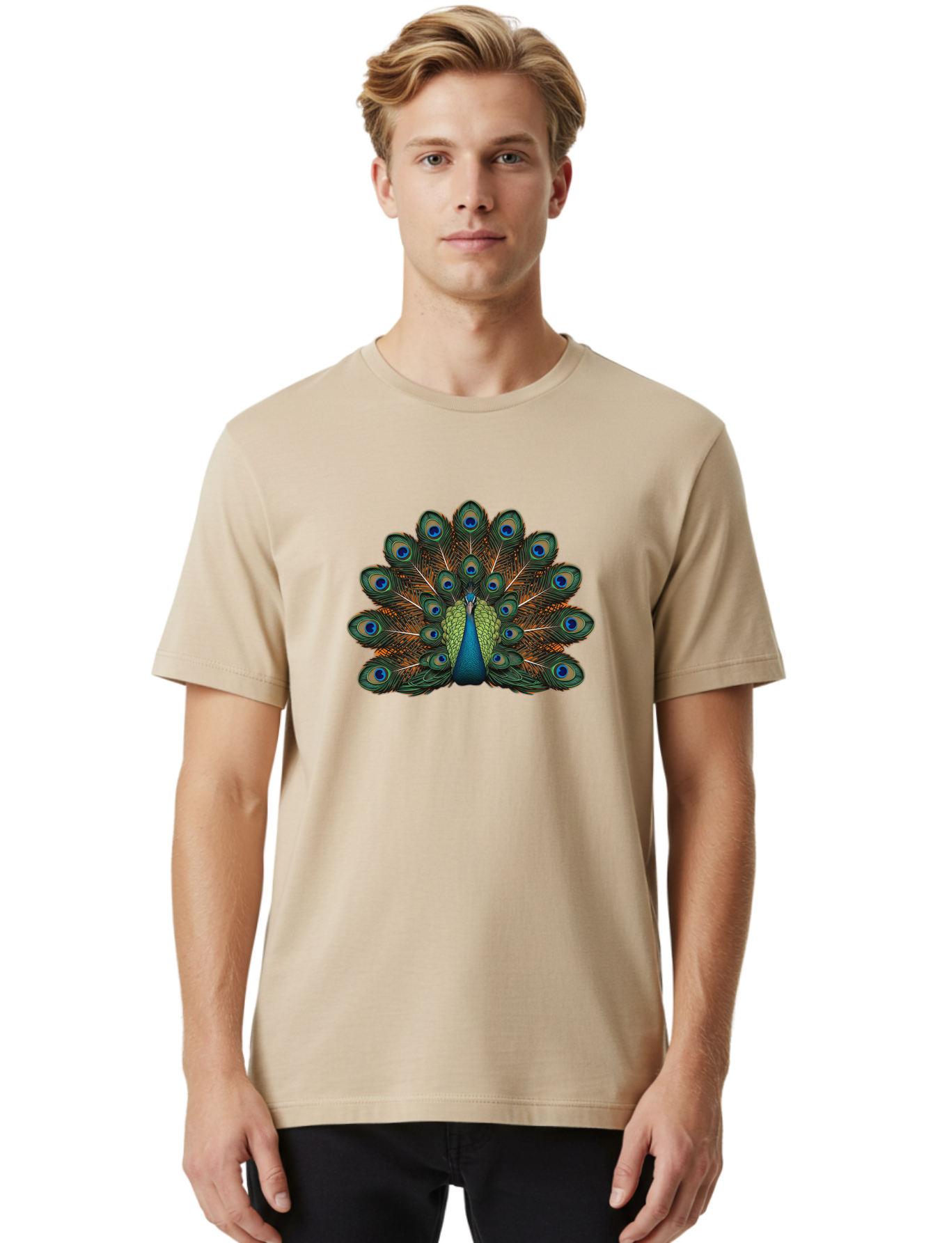 Peacock-With-Tail-Feathers-Spread Men'S Graphic Tee, 100% Cotton, Comfortable Casual Summer Wear, Machine Washable, Peacock, Vibrant Feathers, Blue Eyespots, Green And Gold Plumage, Majestic Bird, Exotic Beauty, Colorful Display, Ornate Tail Bab137