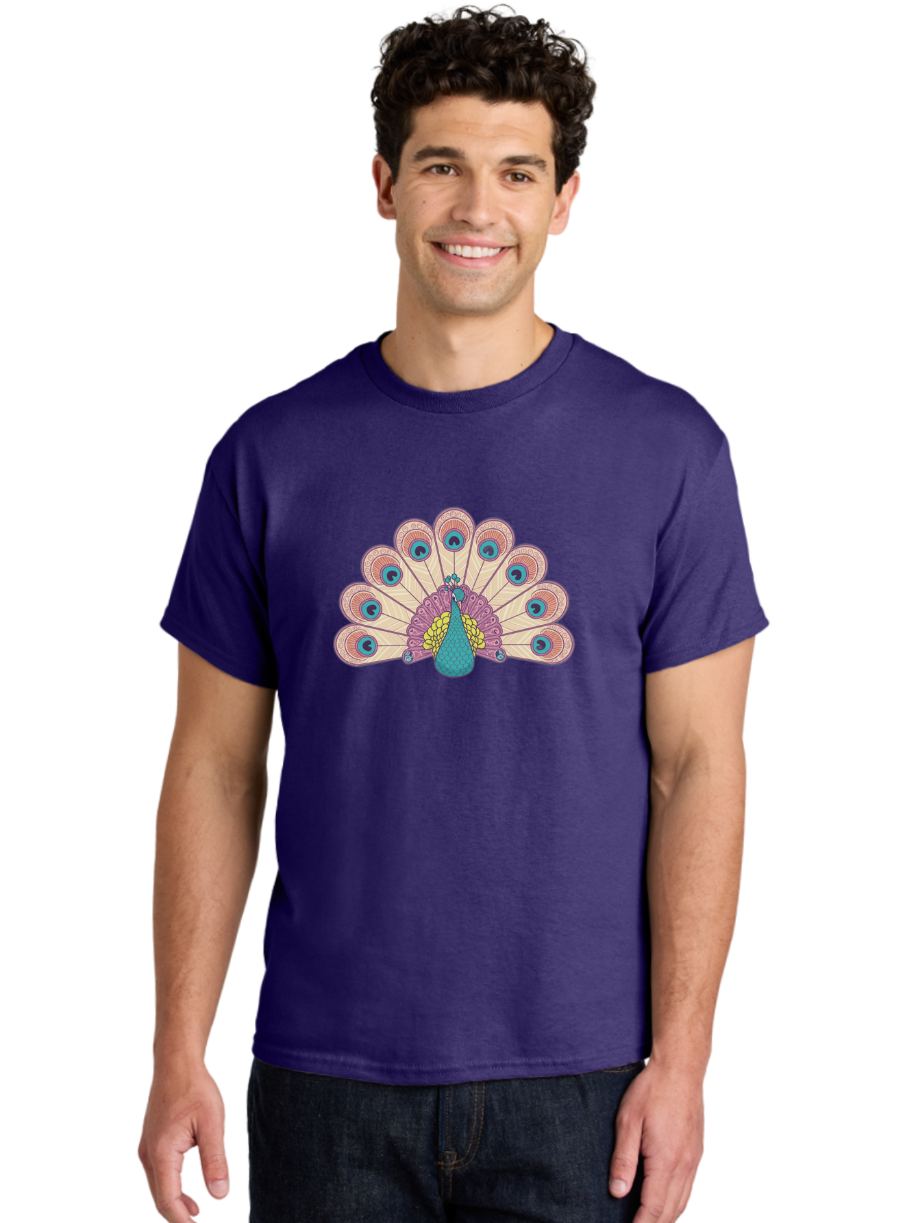 Peacock Men'S Graphic Tee, 100% Cotton, Comfortable Casual Summer Wear, Machine Washable, Peacock Bird, Vibrant Plumage, Colorful Feathers, Intricate Patterns, Majestic Display, Pink, Blue, Yellow Hues, Elegant Bird, Ornate Tail Bab138