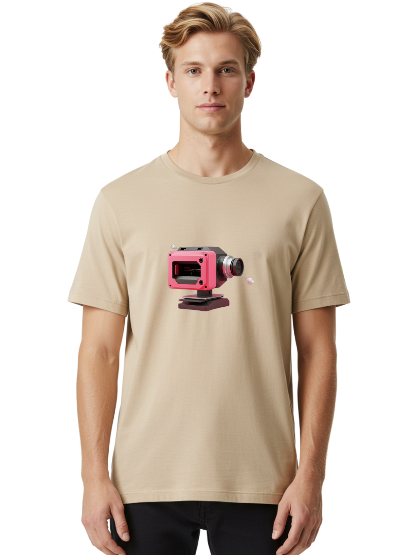 Pink-3D-Camera Men'S Graphic Tee, 100% Cotton, Comfortable Casual Summer Wear, Machine Washable, Pink Camera, Photography Equipment, Camera Lens, Modern Technology, Futuristic Design, Digital Photography, Studio Equipment, 3D Camera Bab141