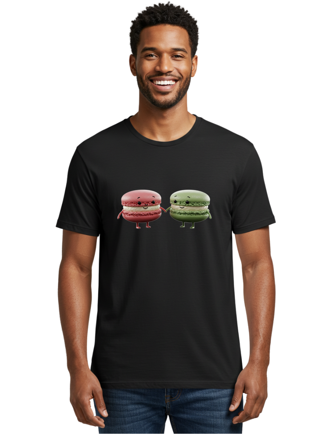 Pink-And-Green-Macarons Men'S Graphic Tee, 100% Cotton, Comfortable Casual Summer Wear, Machine Washable, Cute Macarons, Anthropomorphic Desserts, Smiling Faces, Holding Hands, Pink And Green Macarons, Adorable Characters, Funny Illustrations, Bab143