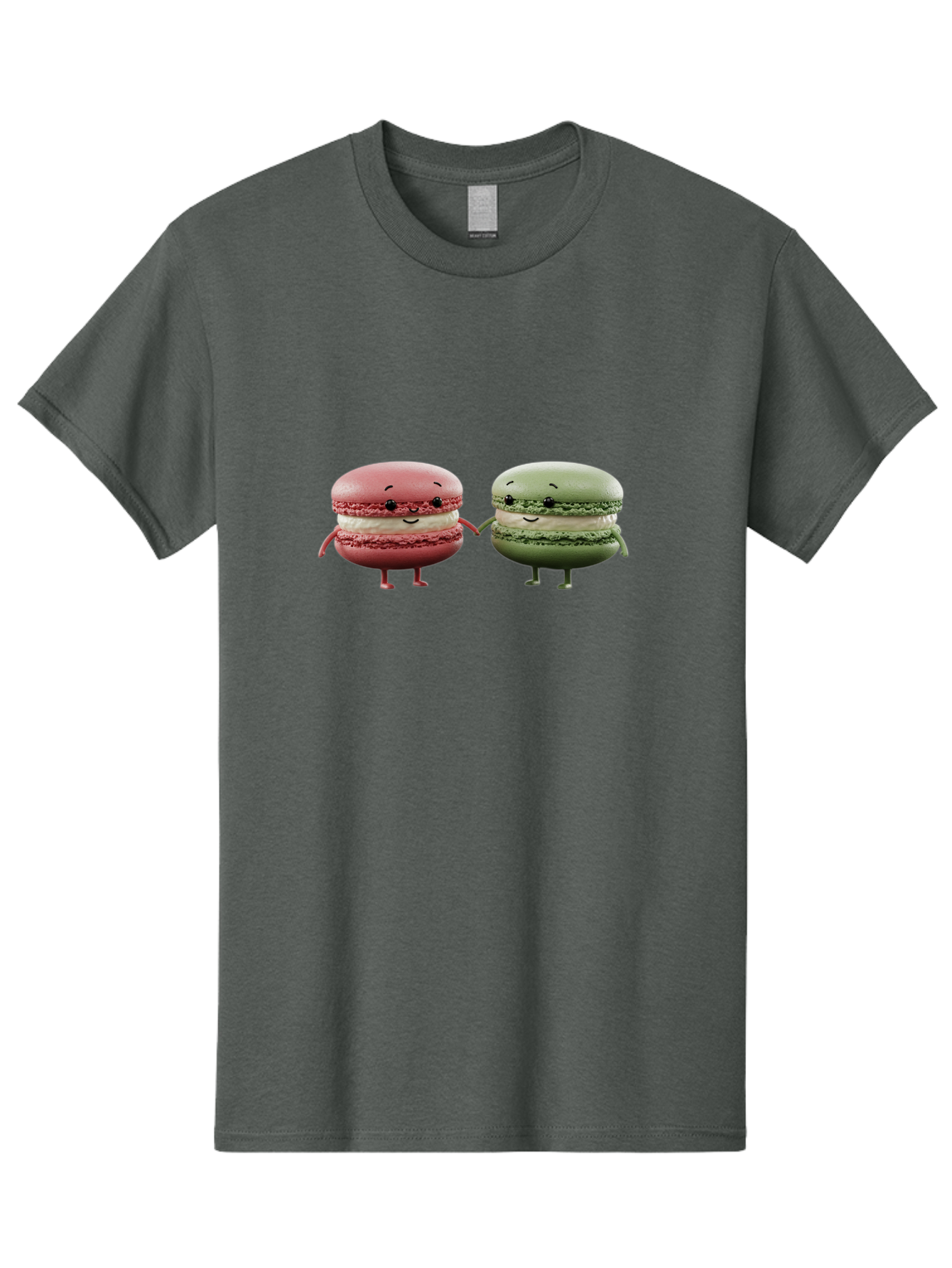 Pink-And-Green-Macarons Men'S Graphic Tee, 100% Cotton, Comfortable Casual Summer Wear, Machine Washable, Cute Macarons, Anthropomorphic Desserts, Smiling Faces, Holding Hands, Pink And Green Macarons, Adorable Characters, Funny Illustrations, Bab143