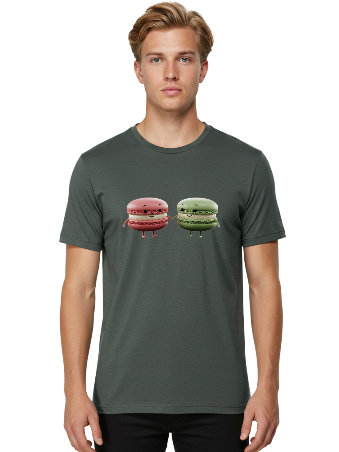Pink-And-Green-Macarons Men'S Graphic Tee, 100% Cotton, Comfortable Casual Summer Wear, Machine Washable, Cute Macarons, Anthropomorphic Desserts, Smiling Faces, Holding Hands, Pink And Green Macarons, Adorable Characters, Funny Illustrations, Bab143