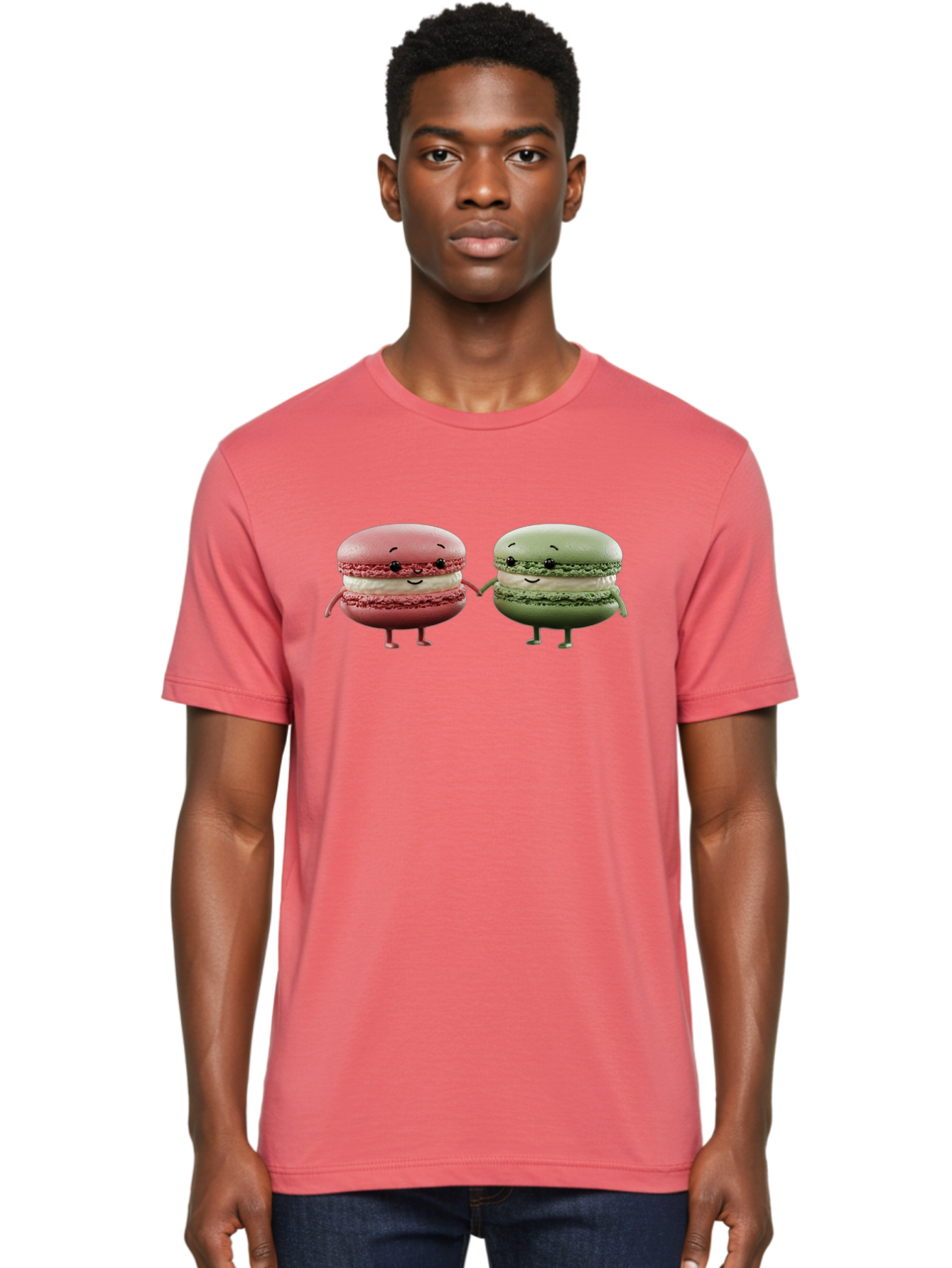 Pink-And-Green-Macarons Men'S Graphic Tee, 100% Cotton, Comfortable Casual Summer Wear, Machine Washable, Cute Macarons, Anthropomorphic Desserts, Smiling Faces, Holding Hands, Pink And Green Macarons, Adorable Characters, Funny Illustrations, Bab143