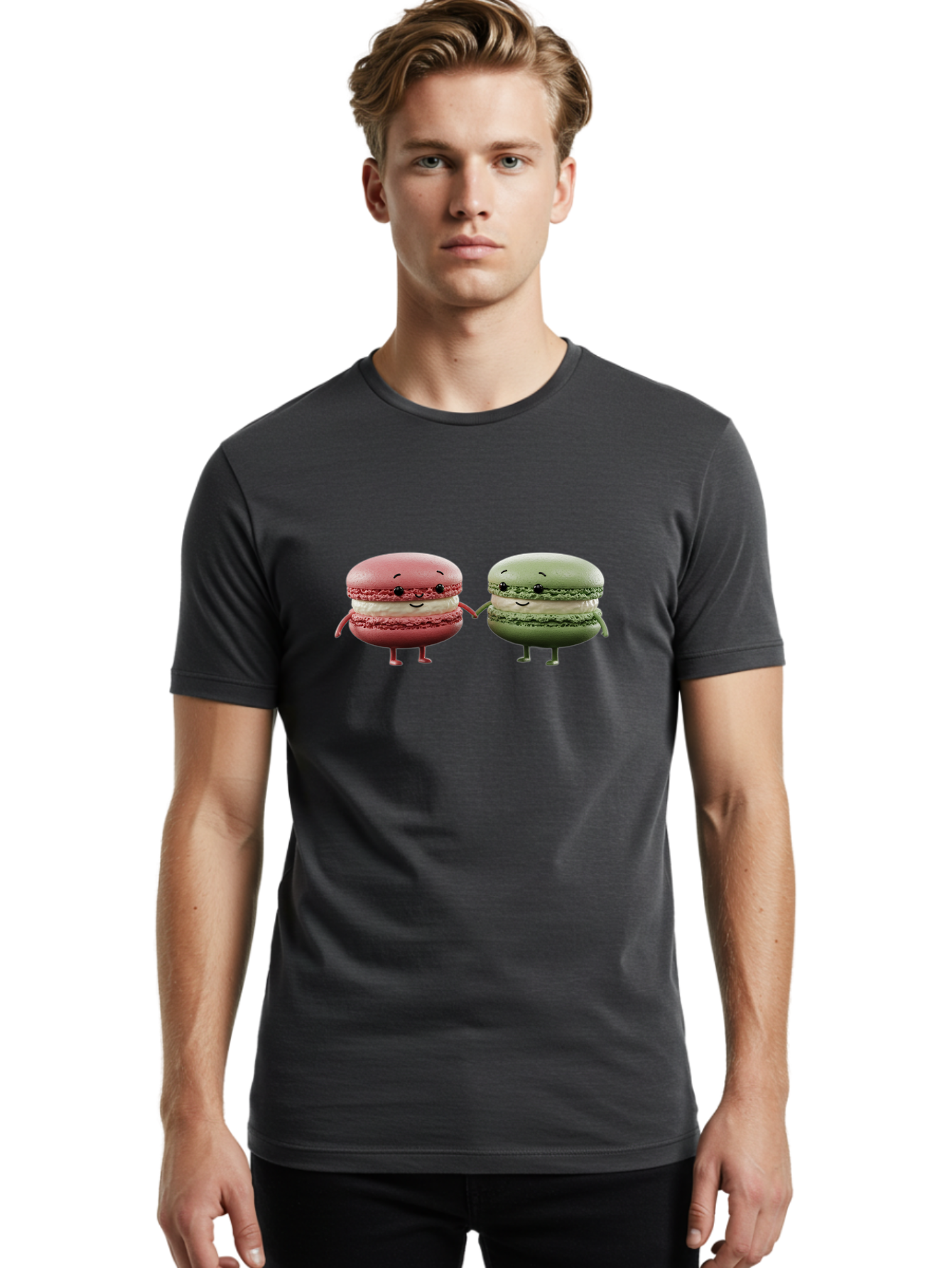 Pink-And-Green-Macarons Men'S Graphic Tee, 100% Cotton, Comfortable Casual Summer Wear, Machine Washable, Cute Macarons, Anthropomorphic Desserts, Smiling Faces, Holding Hands, Pink And Green Macarons, Adorable Characters, Funny Illustrations, Bab143