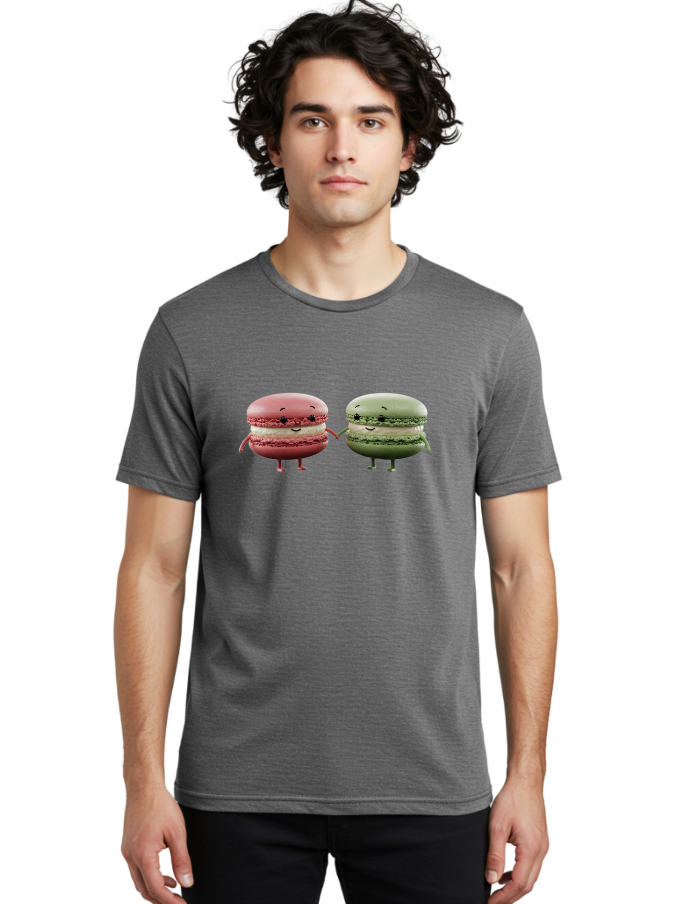 Pink-And-Green-Macarons Men'S Graphic Tee, 100% Cotton, Comfortable Casual Summer Wear, Machine Washable, Cute Macarons, Anthropomorphic Desserts, Smiling Faces, Holding Hands, Pink And Green Macarons, Adorable Characters, Funny Illustrations, Bab143