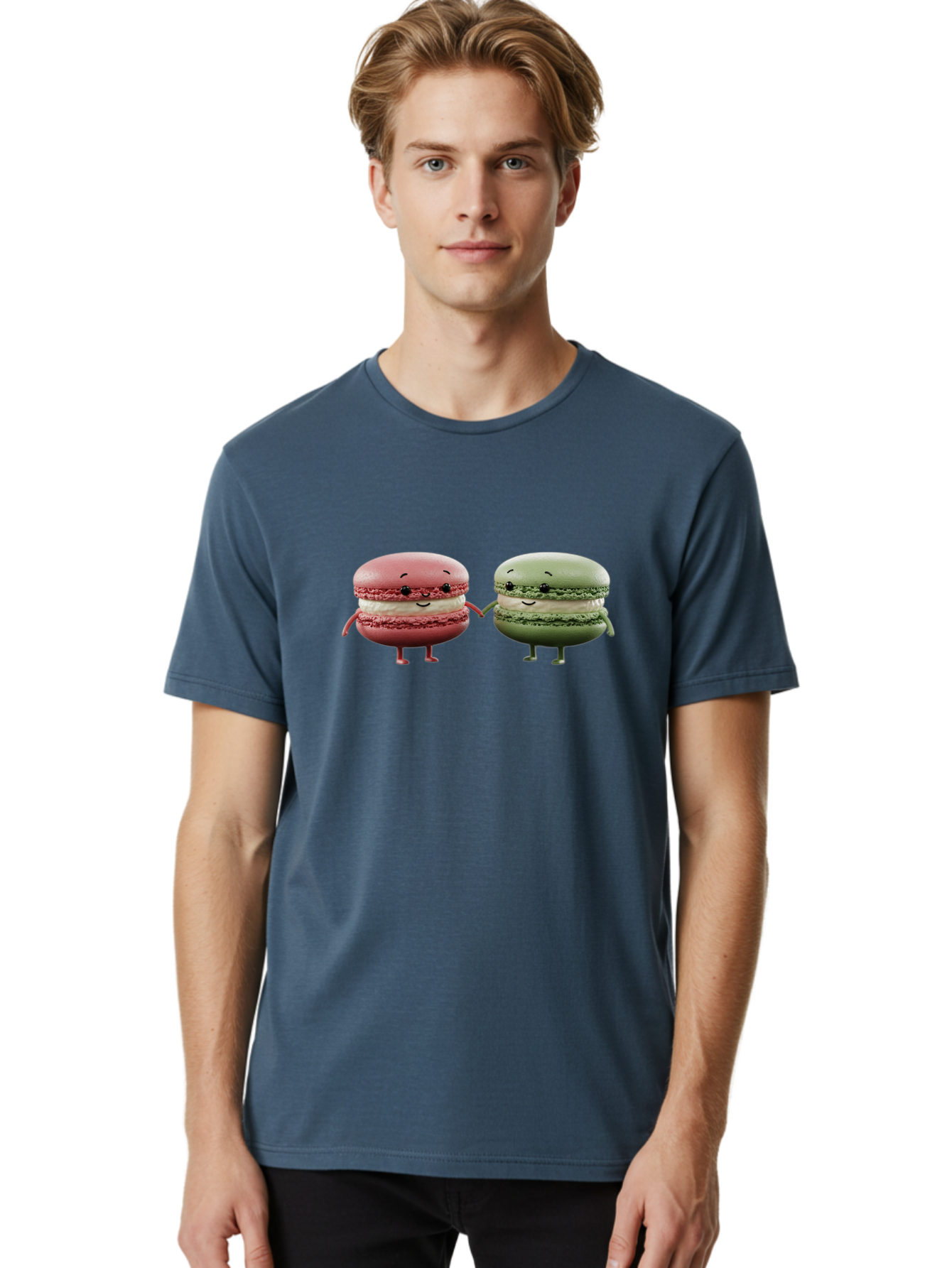 Pink-And-Green-Macarons Men'S Graphic Tee, 100% Cotton, Comfortable Casual Summer Wear, Machine Washable, Cute Macarons, Anthropomorphic Desserts, Smiling Faces, Holding Hands, Pink And Green Macarons, Adorable Characters, Funny Illustrations, Bab143