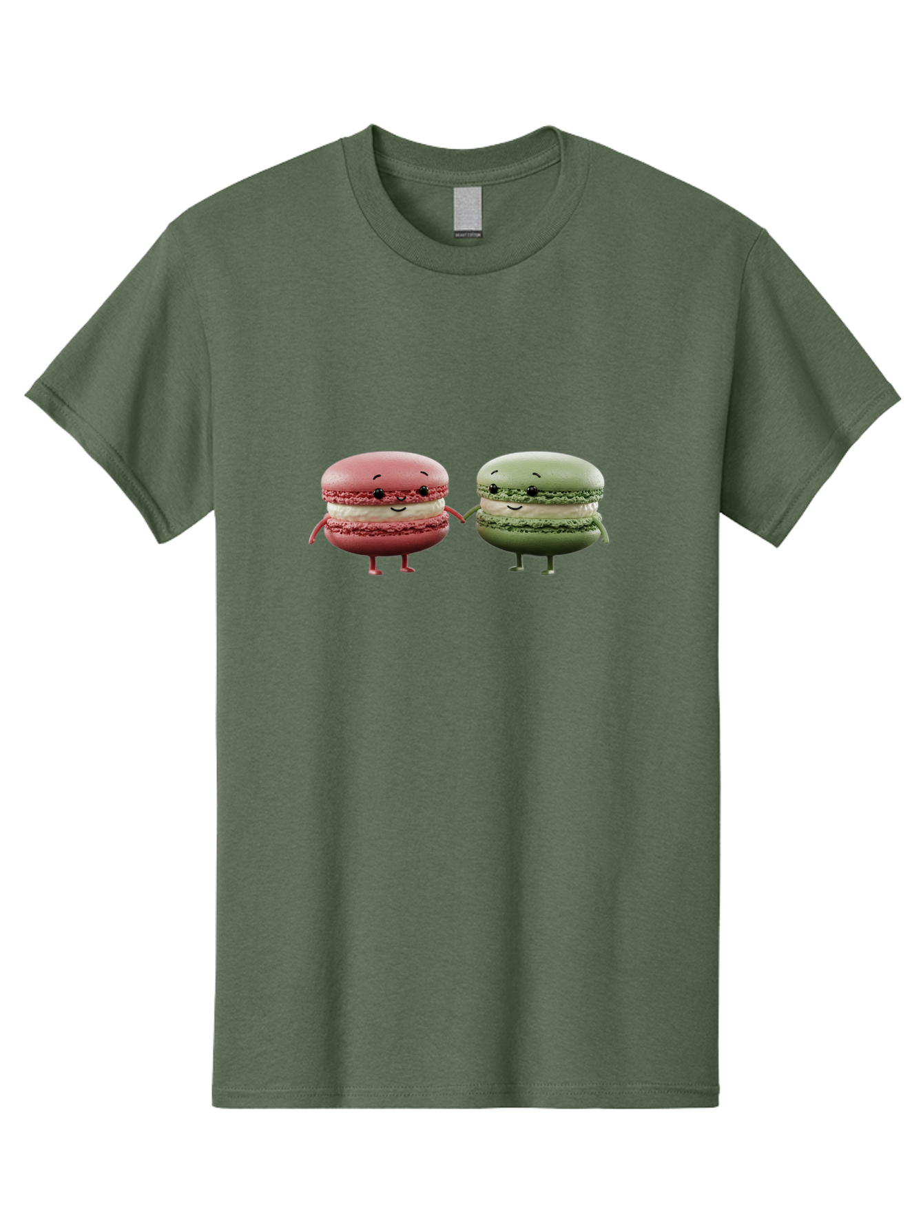 Pink-And-Green-Macarons Men'S Graphic Tee, 100% Cotton, Comfortable Casual Summer Wear, Machine Washable, Cute Macarons, Anthropomorphic Desserts, Smiling Faces, Holding Hands, Pink And Green Macarons, Adorable Characters, Funny Illustrations, Bab143