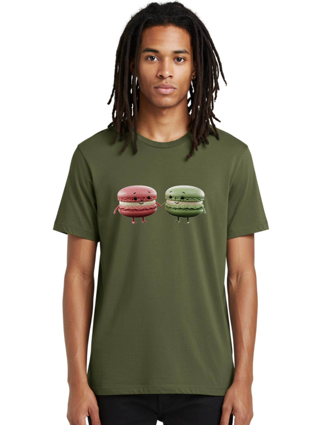 Pink-And-Green-Macarons Men'S Graphic Tee, 100% Cotton, Comfortable Casual Summer Wear, Machine Washable, Cute Macarons, Anthropomorphic Desserts, Smiling Faces, Holding Hands, Pink And Green Macarons, Adorable Characters, Funny Illustrations, Bab143
