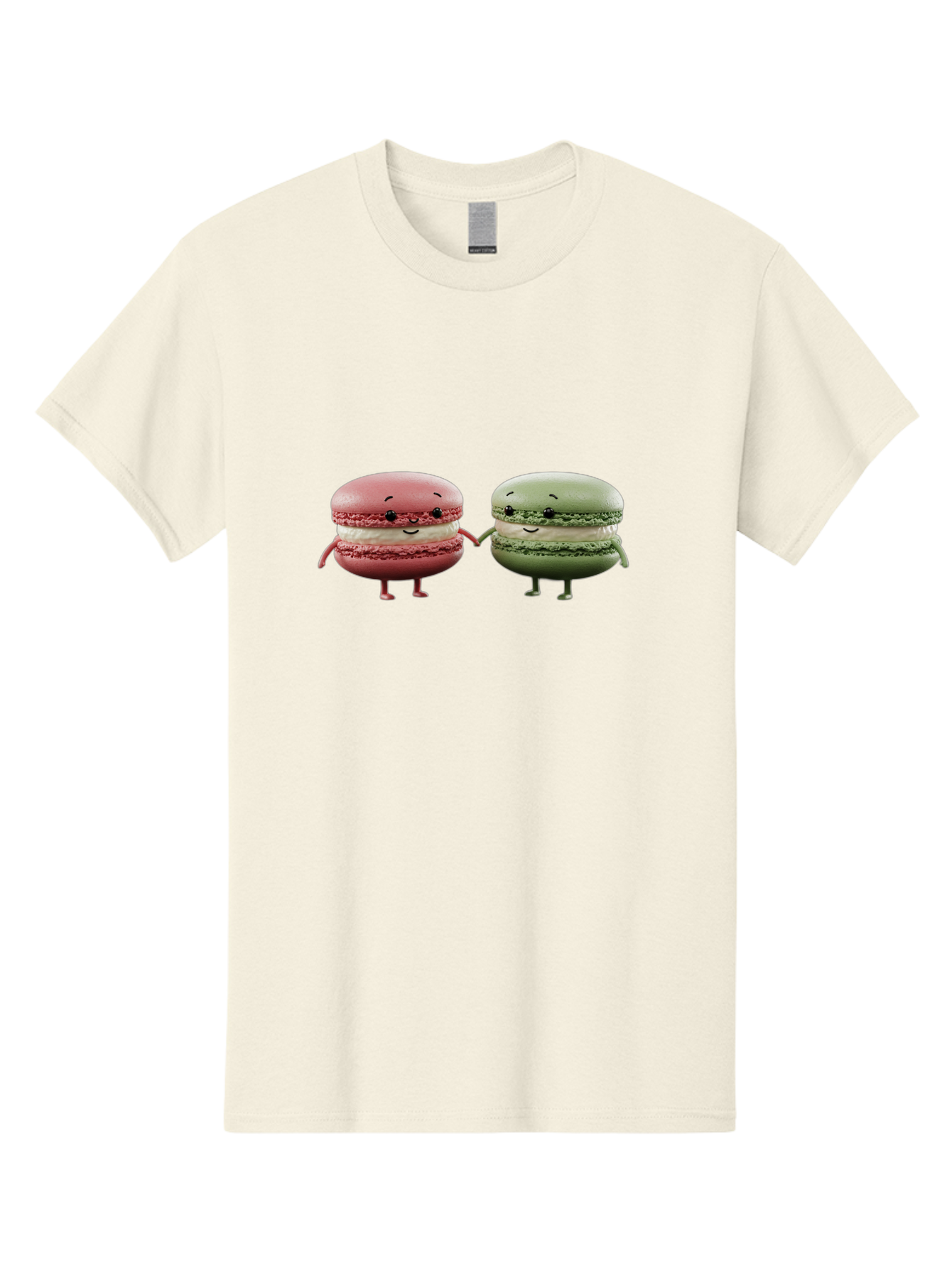 Pink-And-Green-Macarons Men'S Graphic Tee, 100% Cotton, Comfortable Casual Summer Wear, Machine Washable, Cute Macarons, Anthropomorphic Desserts, Smiling Faces, Holding Hands, Pink And Green Macarons, Adorable Characters, Funny Illustrations, Bab143