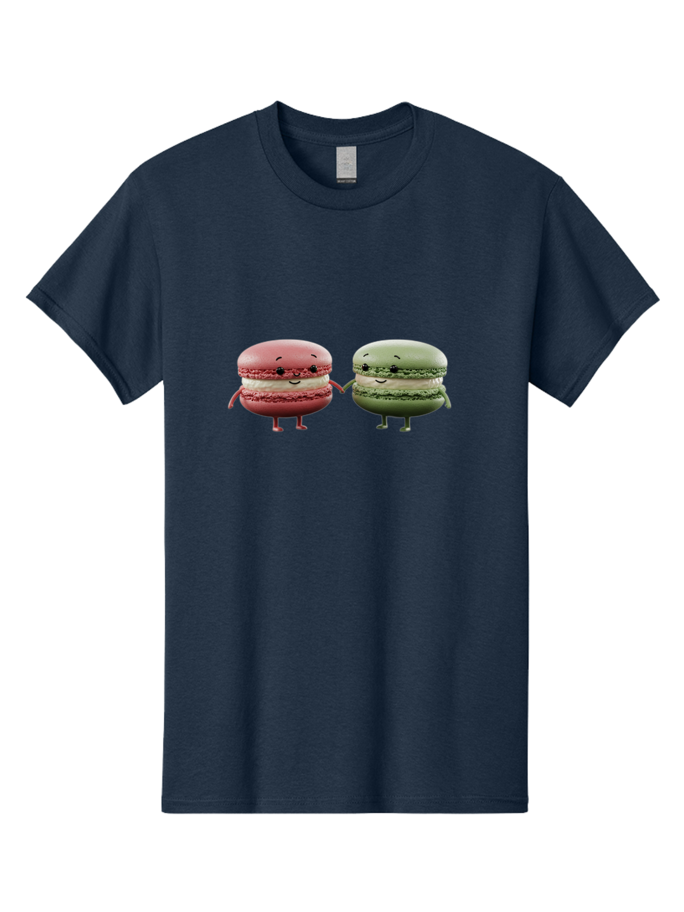 Pink-And-Green-Macarons Men'S Graphic Tee, 100% Cotton, Comfortable Casual Summer Wear, Machine Washable, Cute Macarons, Anthropomorphic Desserts, Smiling Faces, Holding Hands, Pink And Green Macarons, Adorable Characters, Funny Illustrations, Bab143