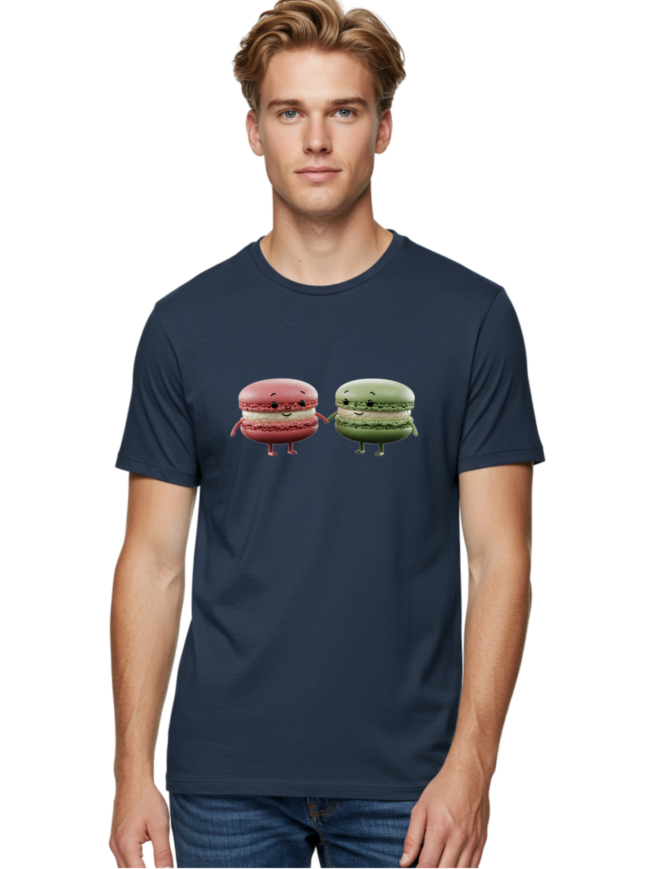 Pink-And-Green-Macarons Men'S Graphic Tee, 100% Cotton, Comfortable Casual Summer Wear, Machine Washable, Cute Macarons, Anthropomorphic Desserts, Smiling Faces, Holding Hands, Pink And Green Macarons, Adorable Characters, Funny Illustrations, Bab143