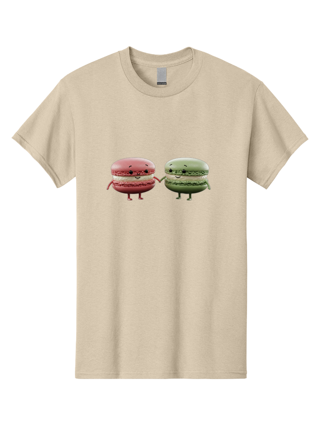 Pink-And-Green-Macarons Men'S Graphic Tee, 100% Cotton, Comfortable Casual Summer Wear, Machine Washable, Cute Macarons, Anthropomorphic Desserts, Smiling Faces, Holding Hands, Pink And Green Macarons, Adorable Characters, Funny Illustrations, Bab143