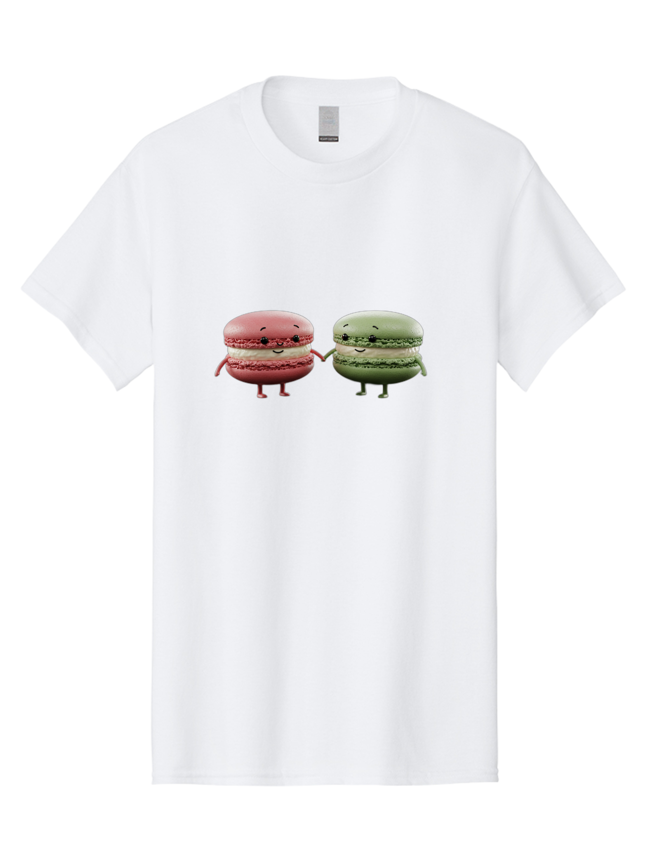 Pink-And-Green-Macarons Men'S Graphic Tee, 100% Cotton, Comfortable Casual Summer Wear, Machine Washable, Cute Macarons, Anthropomorphic Desserts, Smiling Faces, Holding Hands, Pink And Green Macarons, Adorable Characters, Funny Illustrations, Bab143