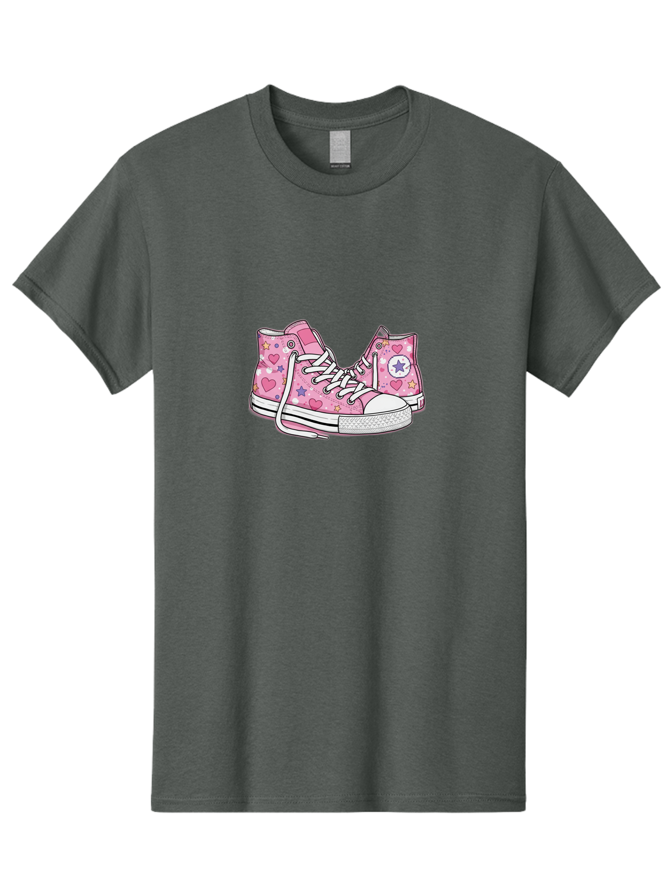 Pink-Converse Men'S Graphic Tee, 100% Cotton, Comfortable Casual Summer Wear, Machine Washable, Pink Converse Shoes, Hearts And Stars Pattern, Cartoon Sneakers, White Laces, Fashion Illustration, Custom Converse, Star Logo Bab146