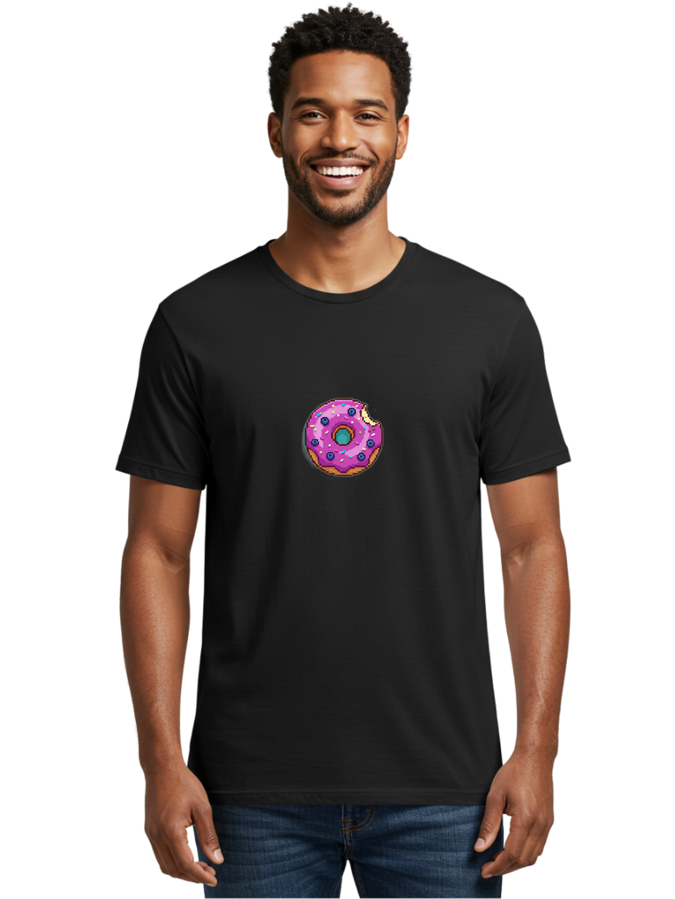 Pink-Donut-5 Men'S Graphic Tee, 100% Cotton, Comfortable Casual Summer Wear, Machine Washable, Frosted Donut, Sweet Treat, Purple Frosting, Colorful Sprinkles, Donut With A Bite, Tasty Dessert, Baked Goods, Donut Lover, Indulgent Snack Bab152