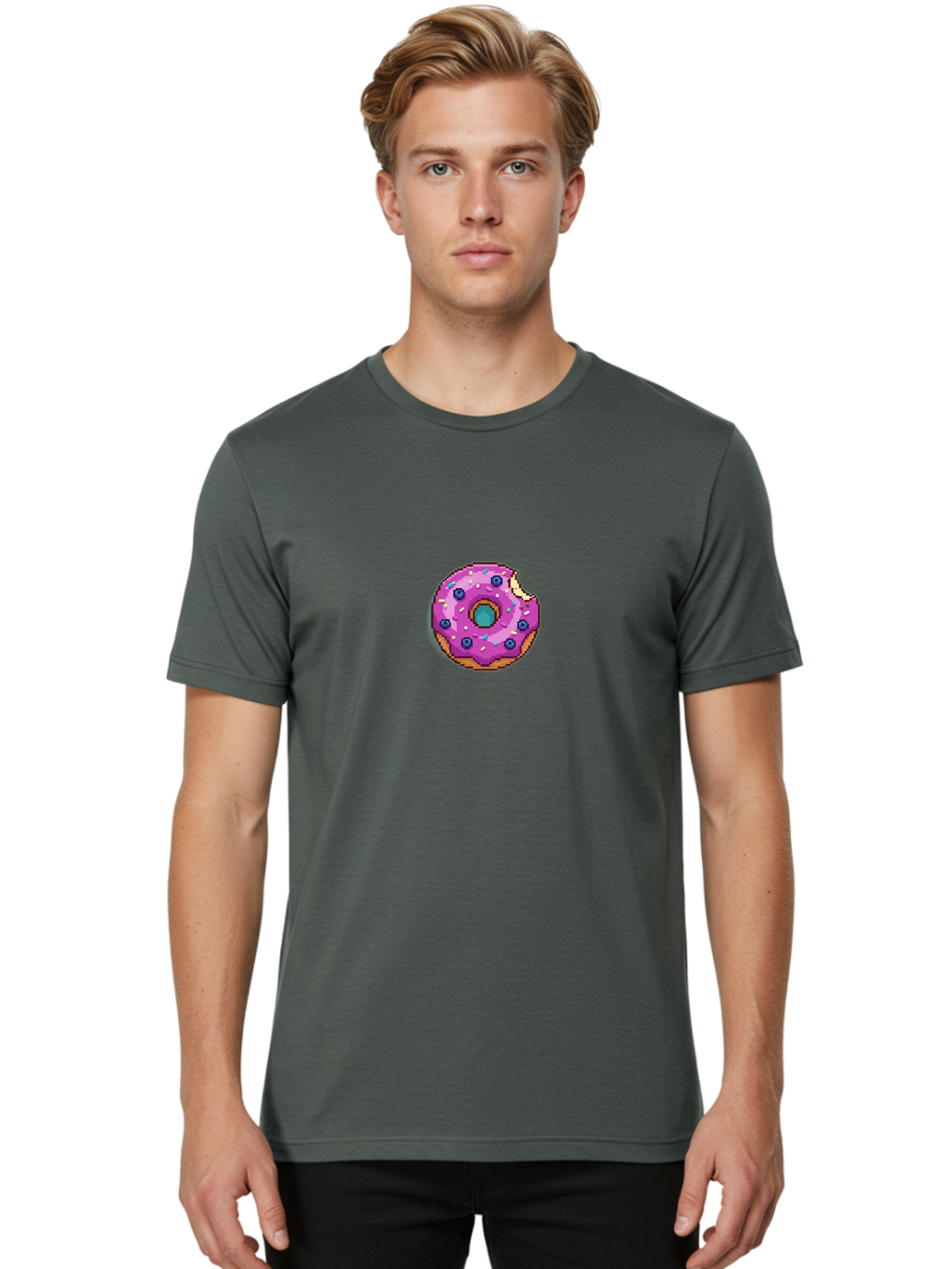 Pink-Donut-5 Men'S Graphic Tee, 100% Cotton, Comfortable Casual Summer Wear, Machine Washable, Frosted Donut, Sweet Treat, Purple Frosting, Colorful Sprinkles, Donut With A Bite, Tasty Dessert, Baked Goods, Donut Lover, Indulgent Snack Bab152