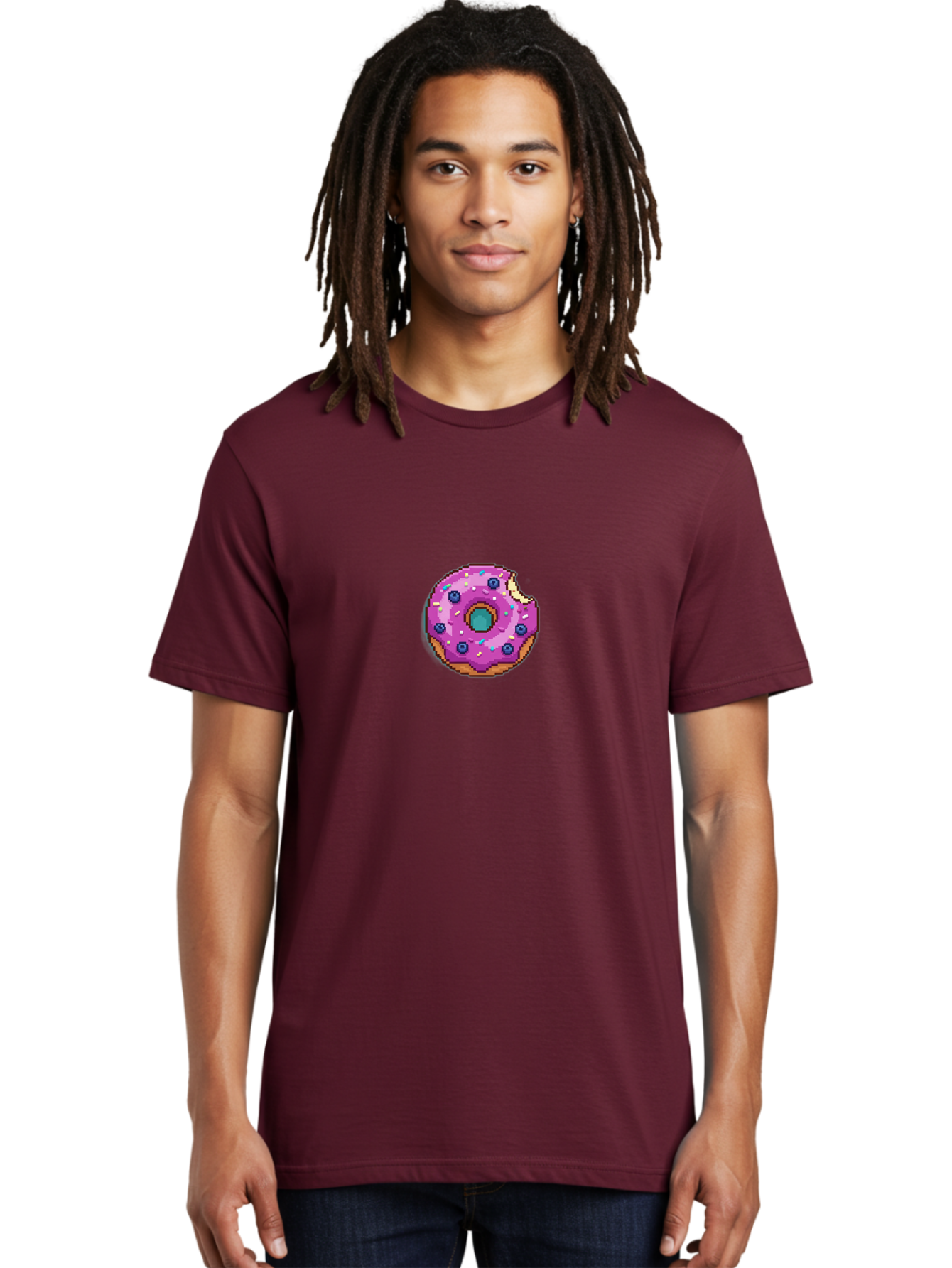 Pink-Donut-5 Men'S Graphic Tee, 100% Cotton, Comfortable Casual Summer Wear, Machine Washable, Frosted Donut, Sweet Treat, Purple Frosting, Colorful Sprinkles, Donut With A Bite, Tasty Dessert, Baked Goods, Donut Lover, Indulgent Snack Bab152