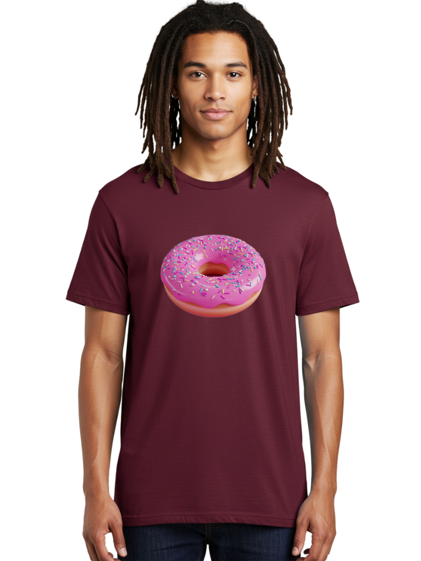 Pink-Donut-With-Sprinkles-1 Men'S Graphic Tee, 100% Cotton, Comfortable Casual Summer Wear, Machine Washable, Donut With Pink Glaze, Colorful Sprinkles, Sweet Treats, Dessert, Baked Goods, Tasty Pastries, Yummy Donut Bab158