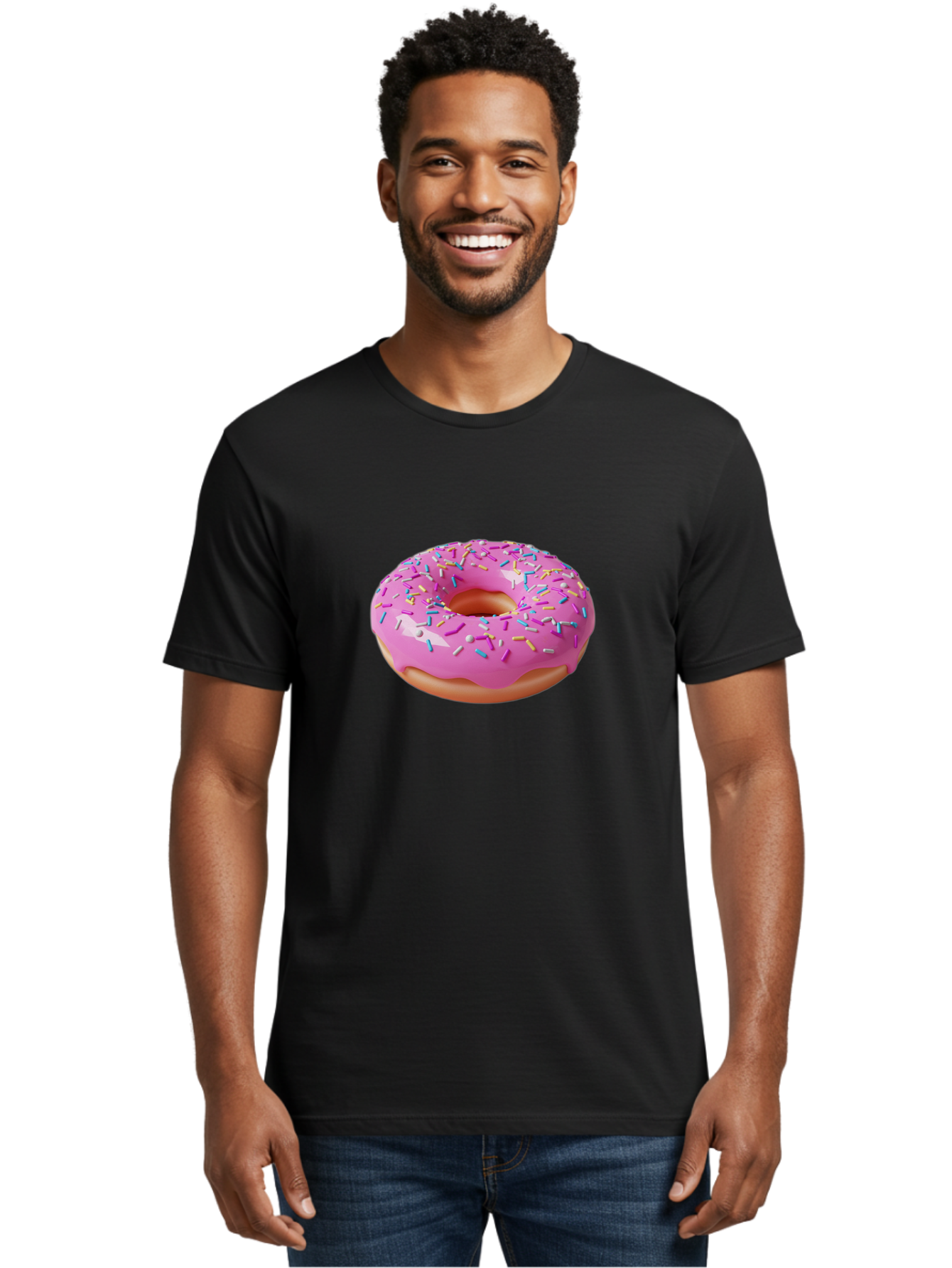Pink-Donut-With-Sprinkles-2 Men'S Graphic Tee, 100% Cotton, Comfortable Casual Summer Wear, Machine Washable, Pink Frosted Donut, Donut With Sprinkles, Colorful Sprinkles, Sweet Treats, Baked Goods, Dessert, Tasty, 3D Rendering, Digital Art Bab159
