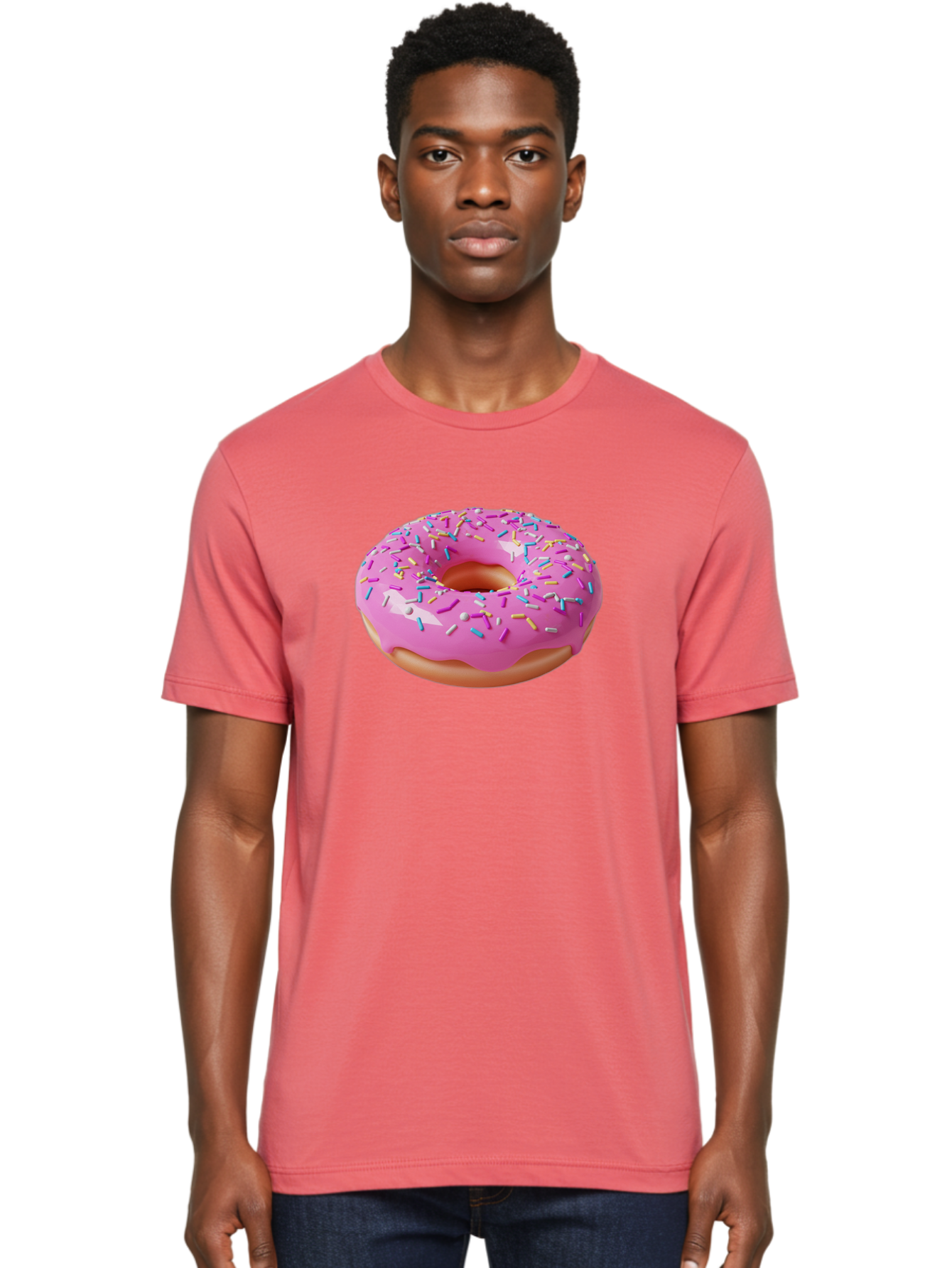 Pink-Donut-With-Sprinkles-2 Men'S Graphic Tee, 100% Cotton, Comfortable Casual Summer Wear, Machine Washable, Pink Frosted Donut, Donut With Sprinkles, Colorful Sprinkles, Sweet Treats, Baked Goods, Dessert, Tasty, 3D Rendering, Digital Art Bab159