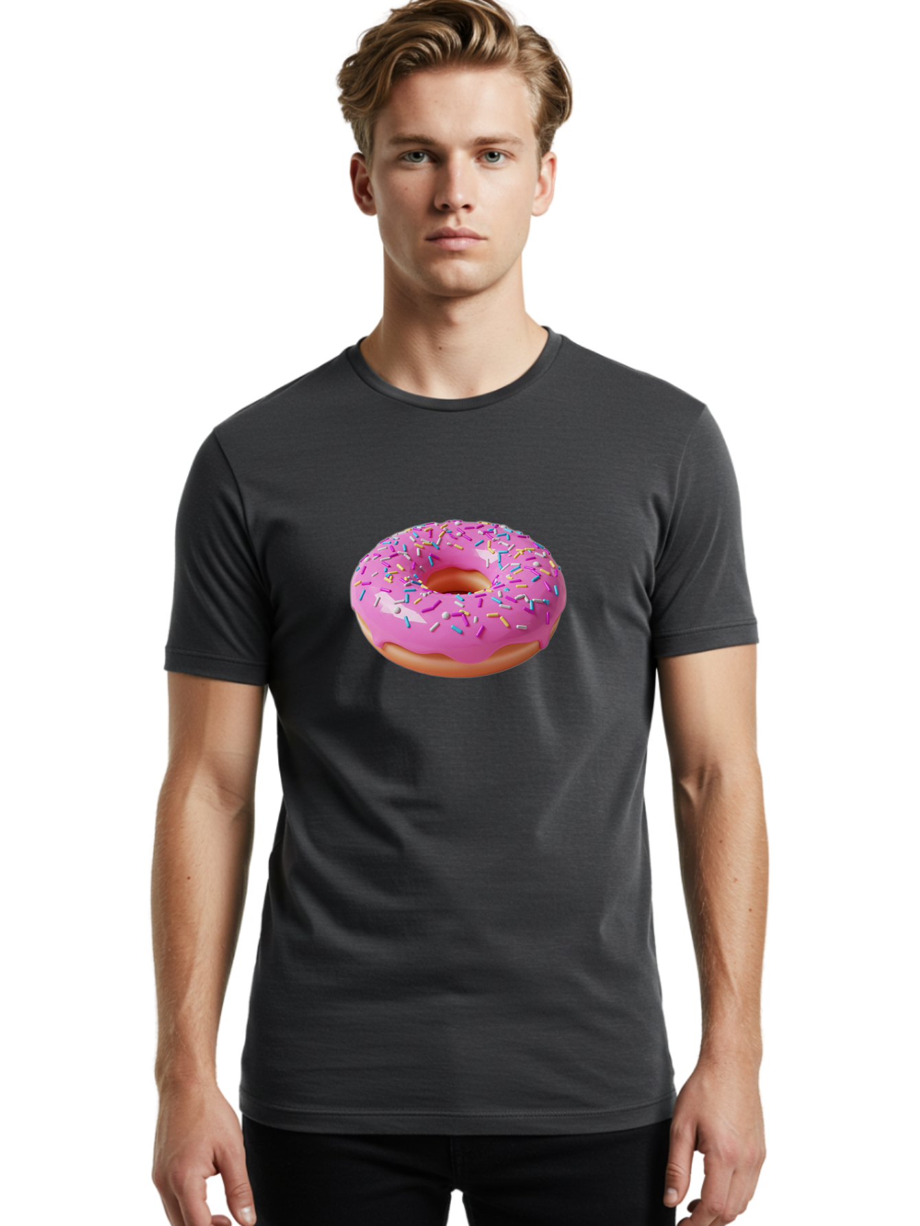 Pink-Donut-With-Sprinkles-2 Men'S Graphic Tee, 100% Cotton, Comfortable Casual Summer Wear, Machine Washable, Pink Frosted Donut, Donut With Sprinkles, Colorful Sprinkles, Sweet Treats, Baked Goods, Dessert, Tasty, 3D Rendering, Digital Art Bab159