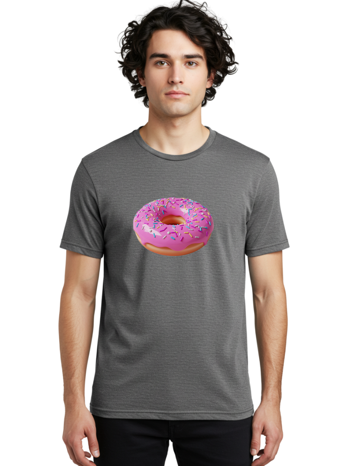 Pink-Donut-With-Sprinkles-2 Men'S Graphic Tee, 100% Cotton, Comfortable Casual Summer Wear, Machine Washable, Pink Frosted Donut, Donut With Sprinkles, Colorful Sprinkles, Sweet Treats, Baked Goods, Dessert, Tasty, 3D Rendering, Digital Art Bab159