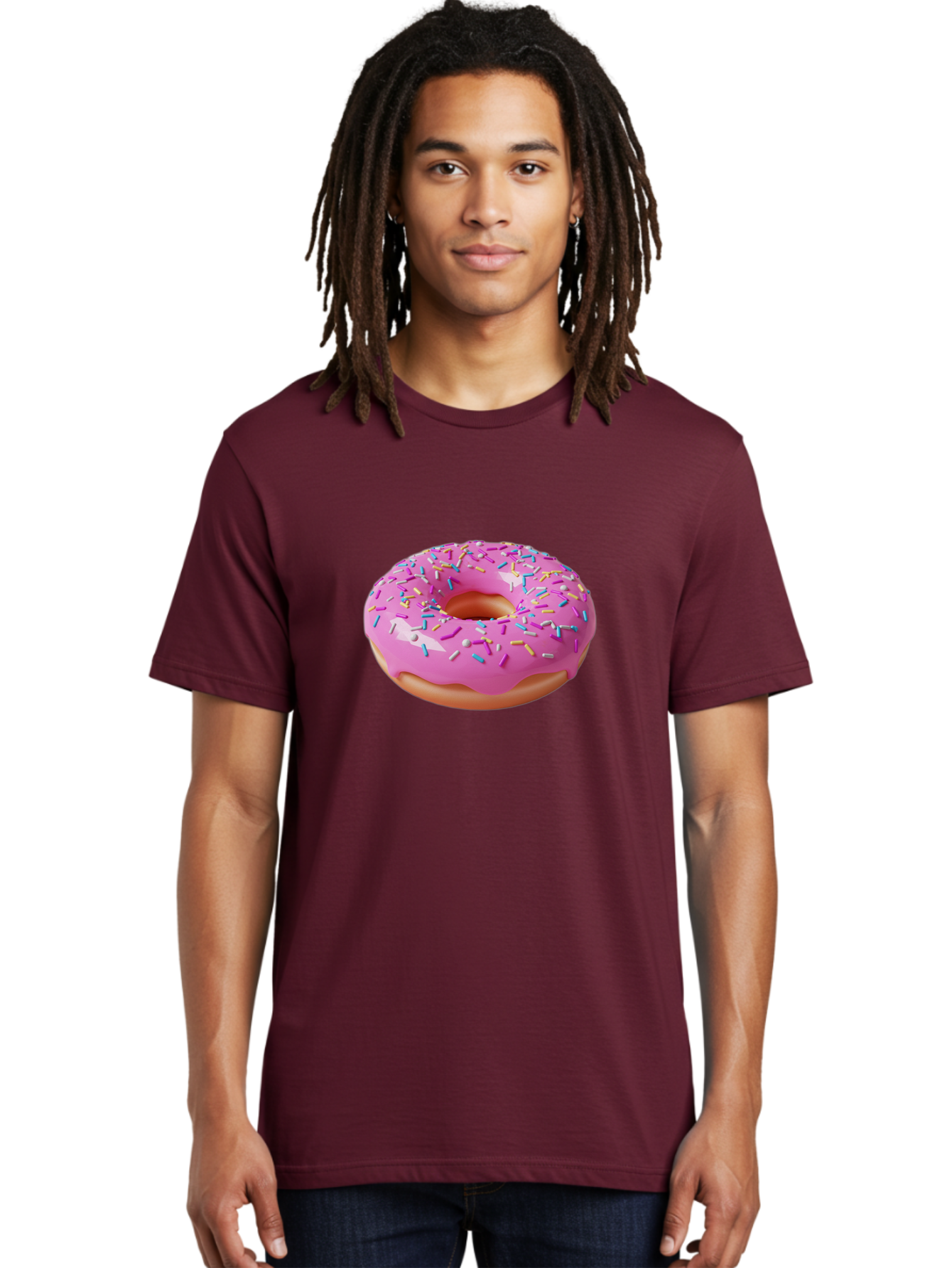 Pink-Donut-With-Sprinkles-2 Men'S Graphic Tee, 100% Cotton, Comfortable Casual Summer Wear, Machine Washable, Pink Frosted Donut, Donut With Sprinkles, Colorful Sprinkles, Sweet Treats, Baked Goods, Dessert, Tasty, 3D Rendering, Digital Art Bab159