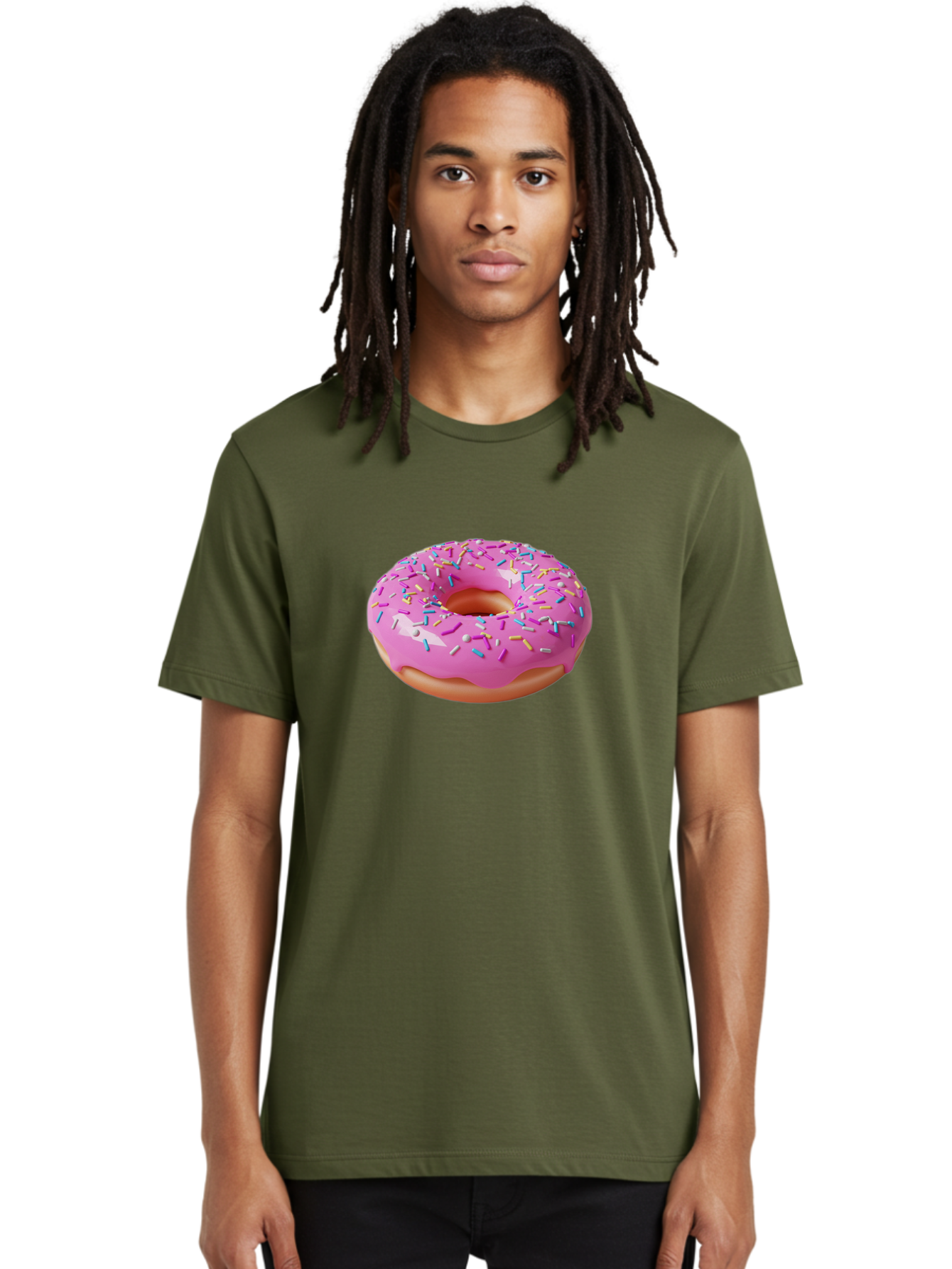 Pink-Donut-With-Sprinkles-2 Men'S Graphic Tee, 100% Cotton, Comfortable Casual Summer Wear, Machine Washable, Pink Frosted Donut, Donut With Sprinkles, Colorful Sprinkles, Sweet Treats, Baked Goods, Dessert, Tasty, 3D Rendering, Digital Art Bab159