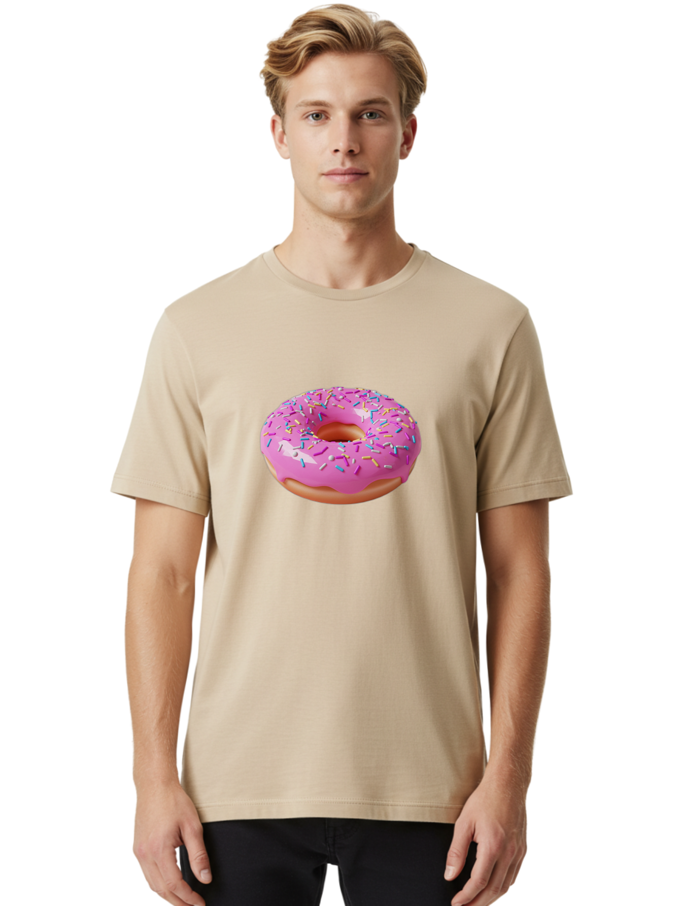 Pink-Donut-With-Sprinkles-2 Men'S Graphic Tee, 100% Cotton, Comfortable Casual Summer Wear, Machine Washable, Pink Frosted Donut, Donut With Sprinkles, Colorful Sprinkles, Sweet Treats, Baked Goods, Dessert, Tasty, 3D Rendering, Digital Art Bab159