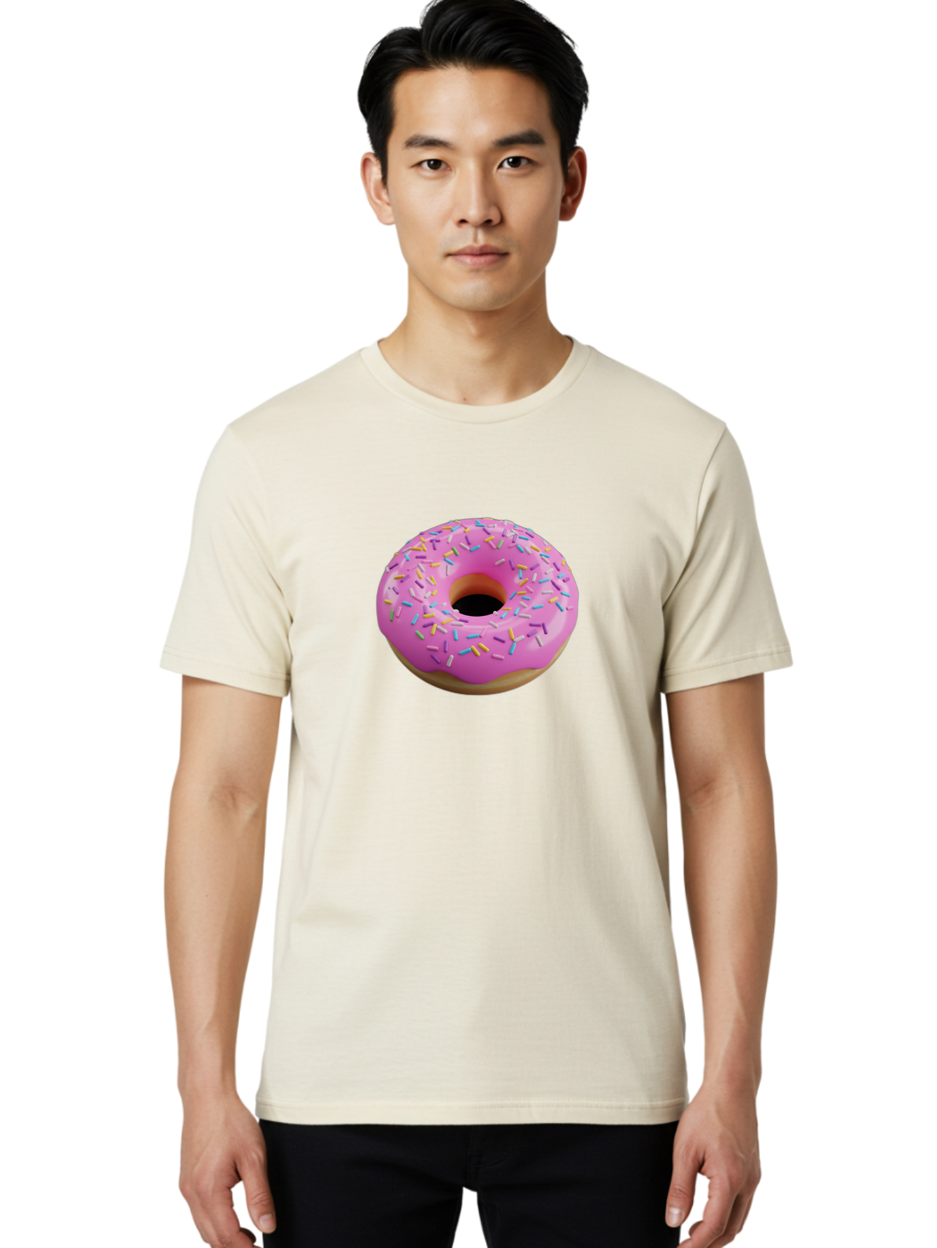 Pink-Donut-With-Sprinkles-3 Men'S Graphic Tee, 100% Cotton, Comfortable Casual Summer Wear, Machine Washable, Pink Donut With Sprinkles, Sweet Treats, Colorful Dessert, Donut With Frosting, Sprinkles On Donut, Dessert Graphics, 3D Donut Image, Bab160