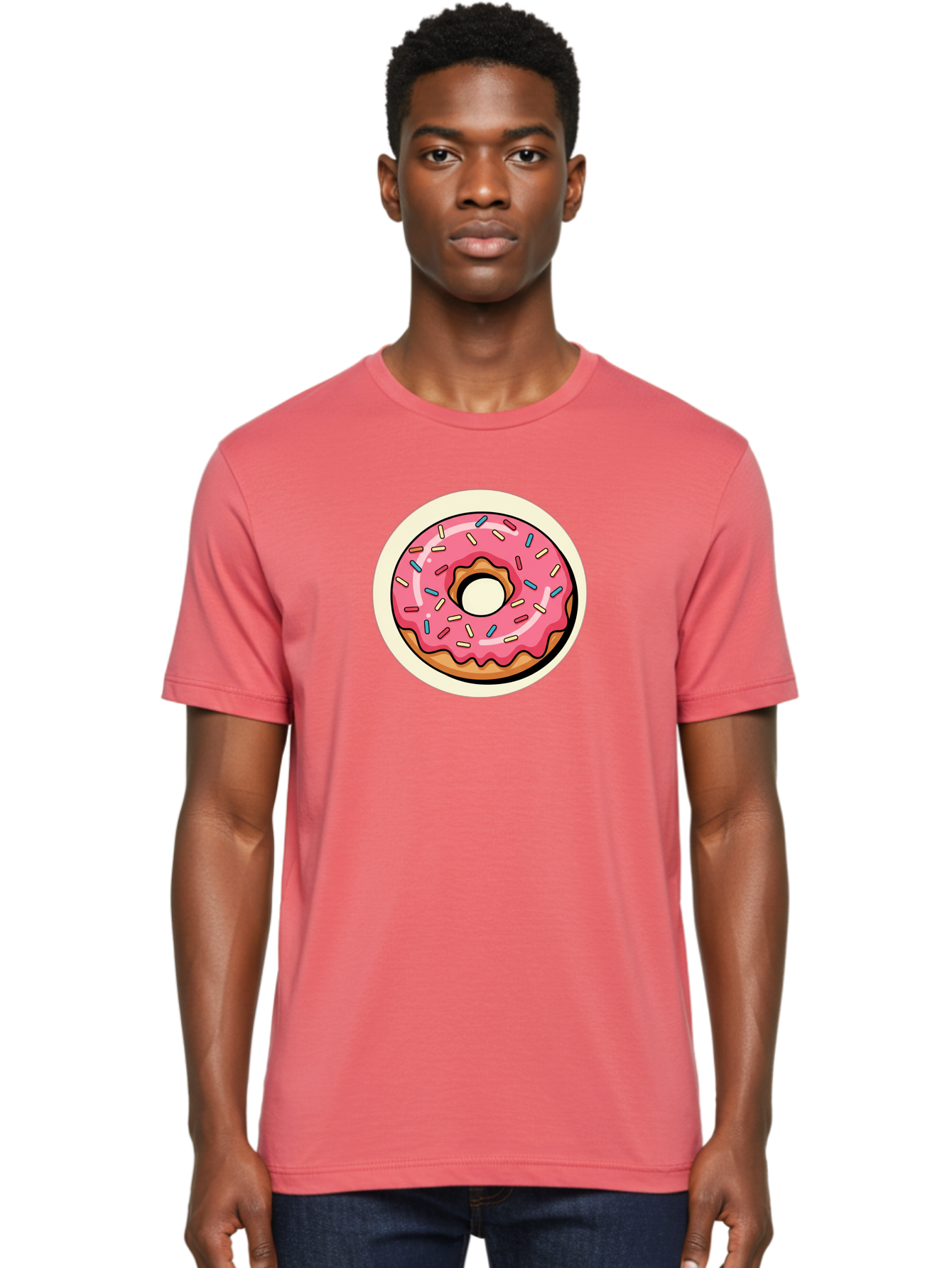 Pink-Frosted-Donut-1 Men'S Graphic Tee, 100% Cotton, Comfortable Casual Summer Wear, Machine Washable, Donut With Pink Frosting, Sprinkles On Donut, Sweet Treats, Dessert Ideas, Colorful Donut, Baking Inspiration, Tasty Pastry, Glazed Donut Bab164