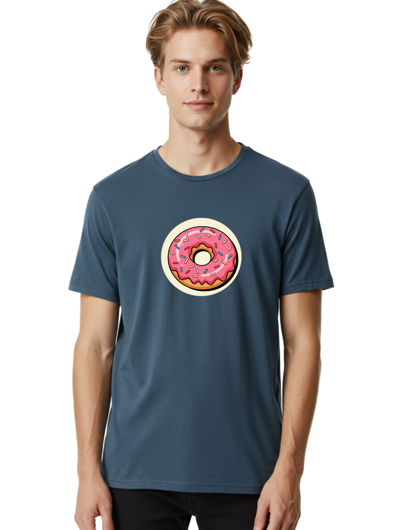 Pink-Frosted-Donut-1 Men'S Graphic Tee, 100% Cotton, Comfortable Casual Summer Wear, Machine Washable, Donut With Pink Frosting, Sprinkles On Donut, Sweet Treats, Dessert Ideas, Colorful Donut, Baking Inspiration, Tasty Pastry, Glazed Donut Bab164