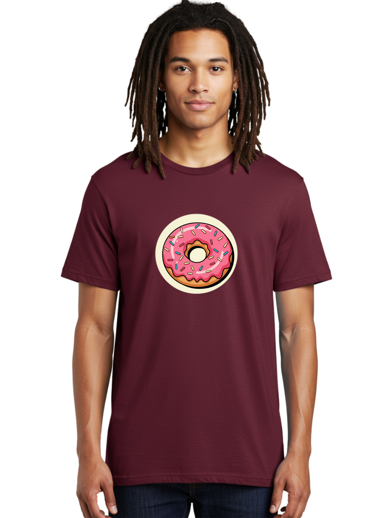 Pink-Frosted-Donut-1 Men'S Graphic Tee, 100% Cotton, Comfortable Casual Summer Wear, Machine Washable, Donut With Pink Frosting, Sprinkles On Donut, Sweet Treats, Dessert Ideas, Colorful Donut, Baking Inspiration, Tasty Pastry, Glazed Donut Bab164