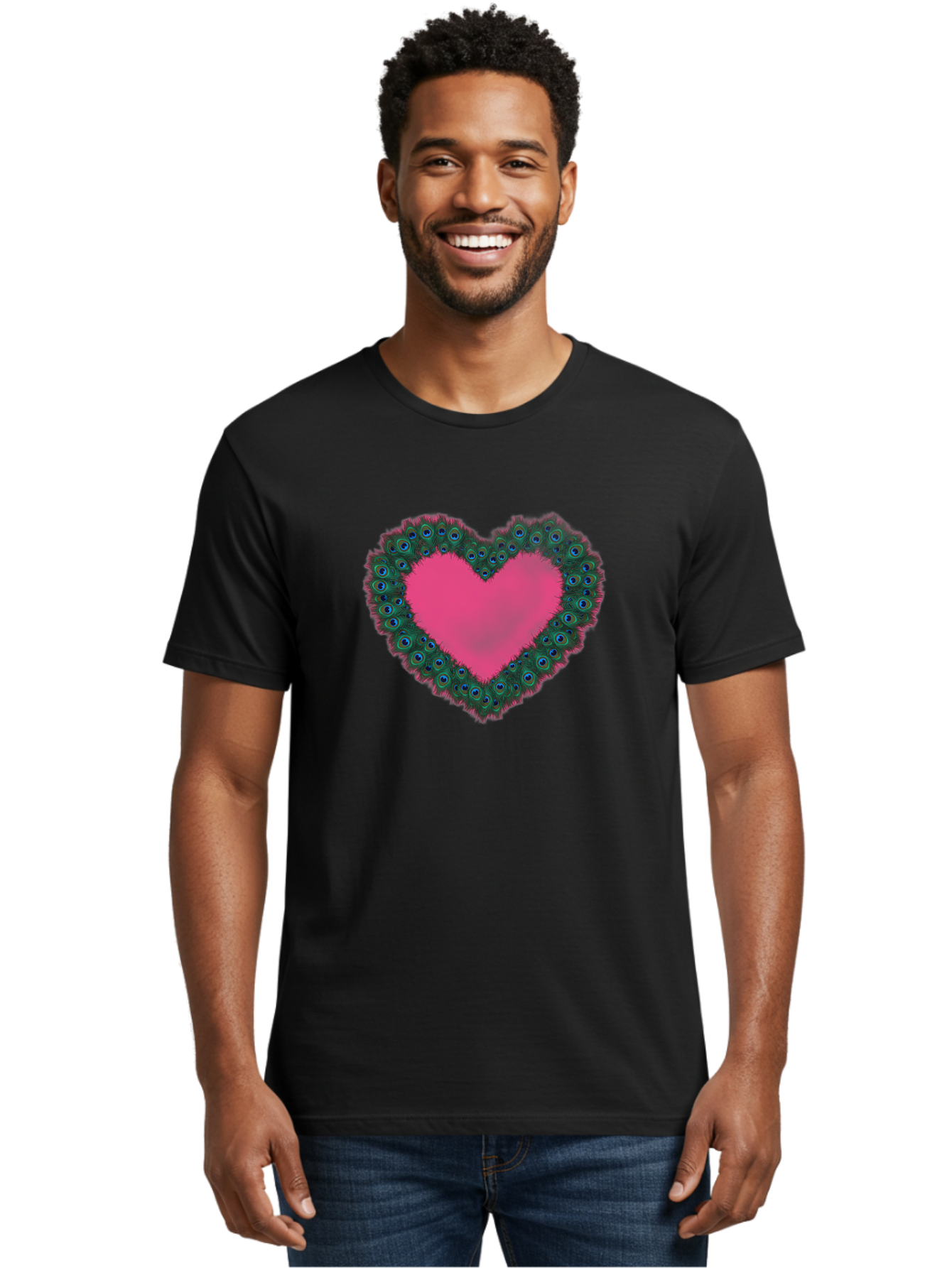 Pink-Heart Men'S Graphic Tee, 100% Cotton, Comfortable Casual Summer Wear, Machine Washable, Heart Shape, Pink Center, Peacock Feathers, Blue Eyespots, Green Hues, Romantic Symbol, Love Heart, Vibrant Colors, Decorative Border, Festive Design, Bab167