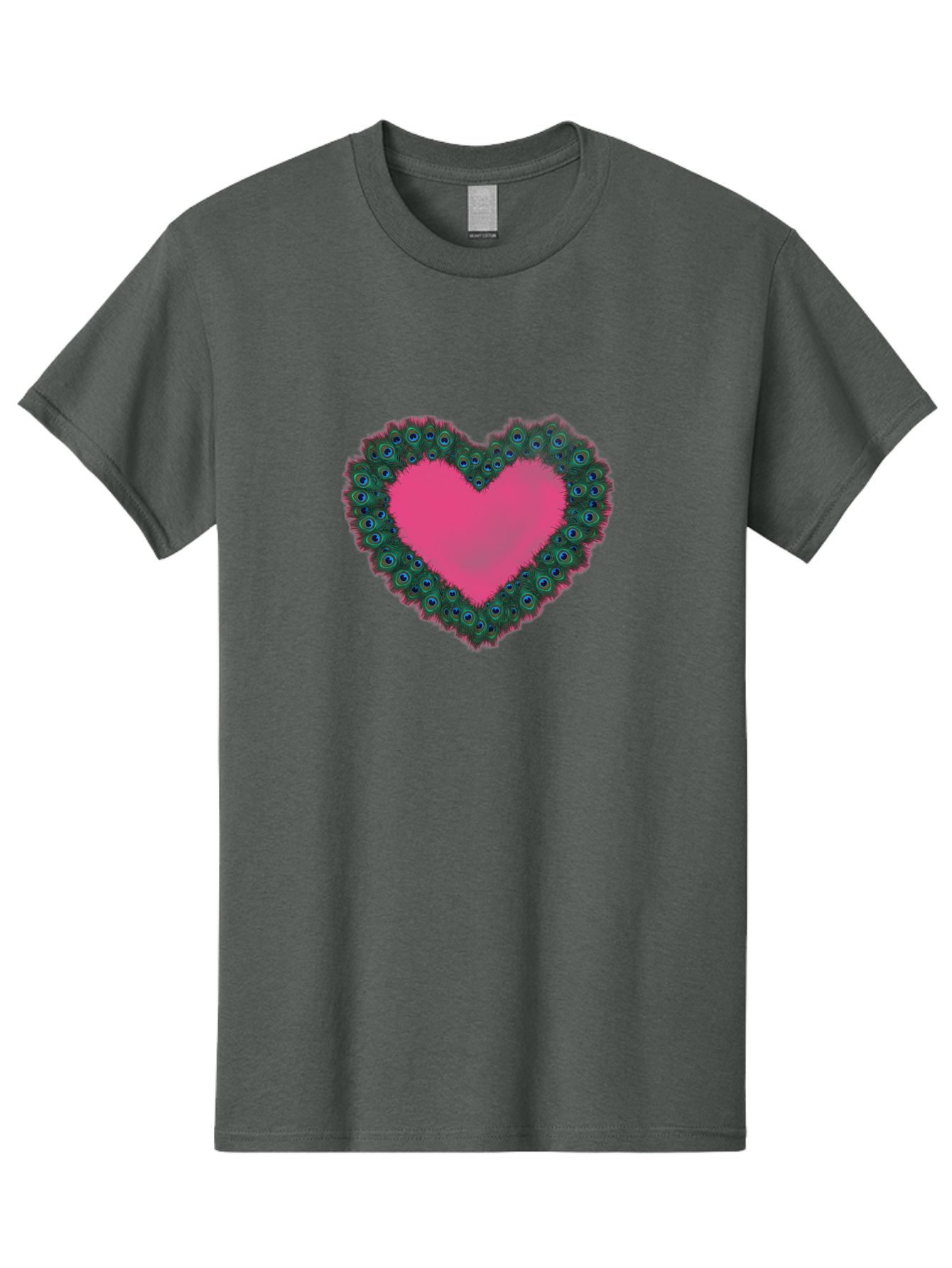 Pink-Heart Men'S Graphic Tee, 100% Cotton, Comfortable Casual Summer Wear, Machine Washable, Heart Shape, Pink Center, Peacock Feathers, Blue Eyespots, Green Hues, Romantic Symbol, Love Heart, Vibrant Colors, Decorative Border, Festive Design, Bab167
