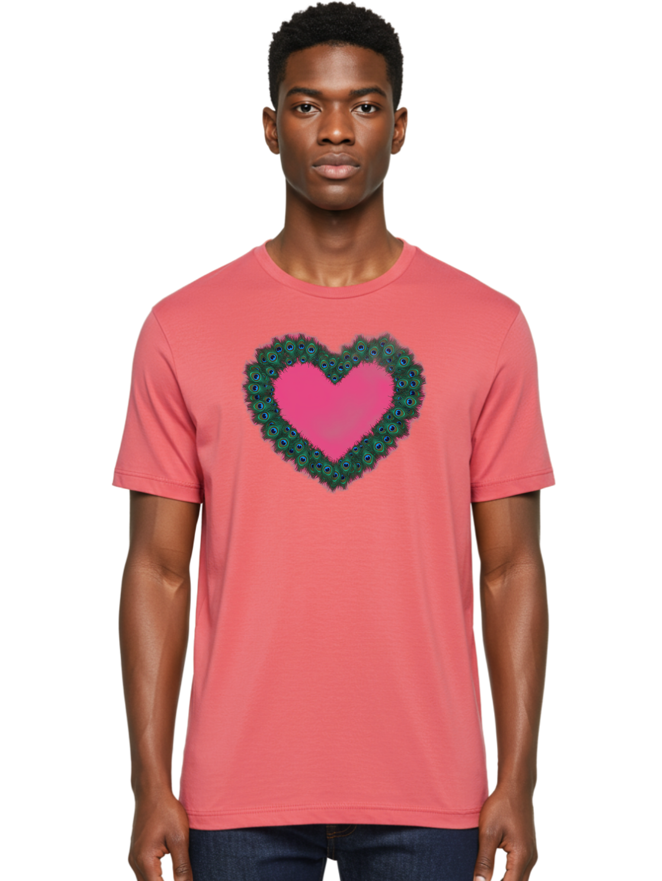 Pink-Heart Men'S Graphic Tee, 100% Cotton, Comfortable Casual Summer Wear, Machine Washable, Heart Shape, Pink Center, Peacock Feathers, Blue Eyespots, Green Hues, Romantic Symbol, Love Heart, Vibrant Colors, Decorative Border, Festive Design, Bab167