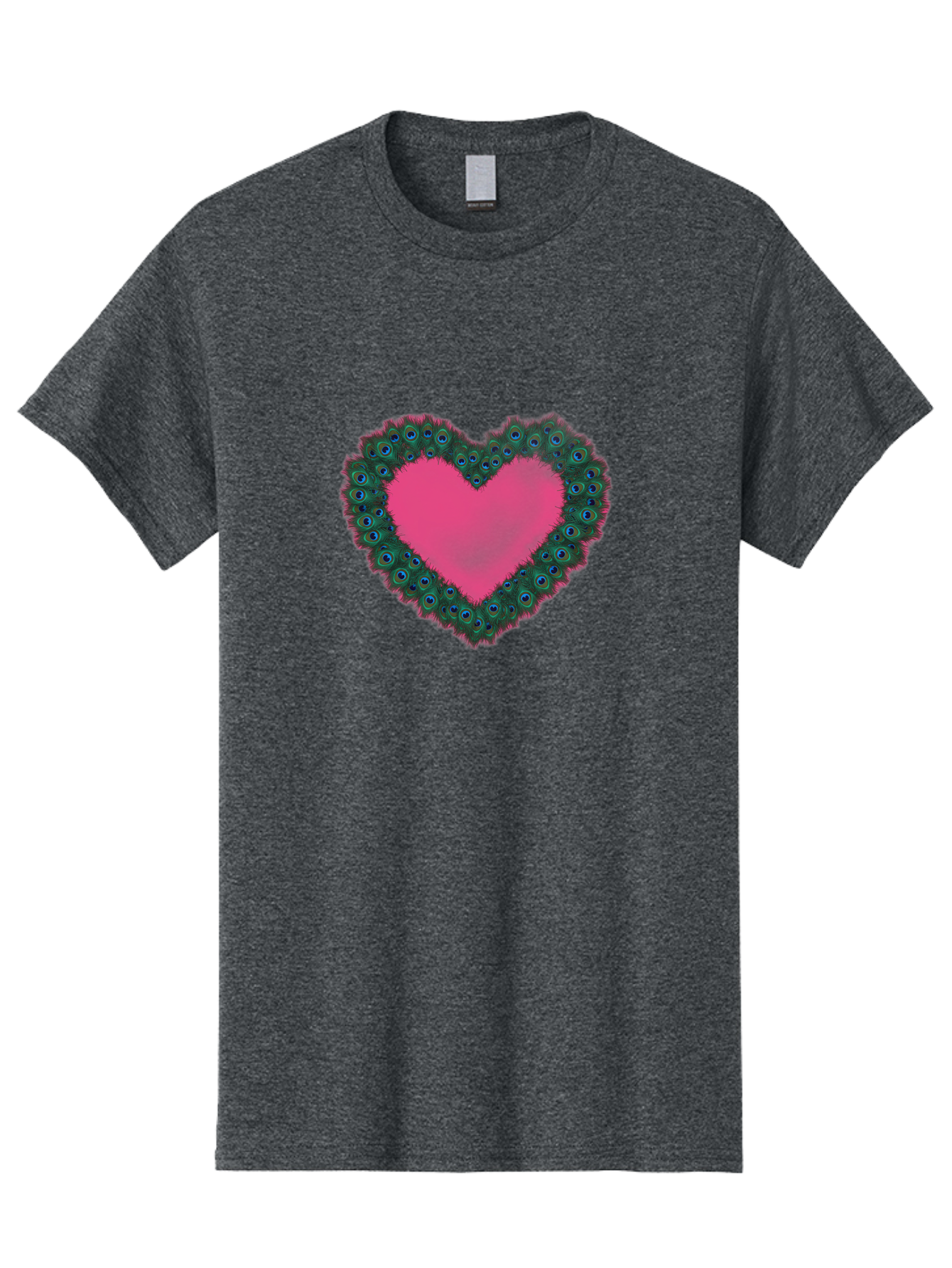 Pink-Heart Men'S Graphic Tee, 100% Cotton, Comfortable Casual Summer Wear, Machine Washable, Heart Shape, Pink Center, Peacock Feathers, Blue Eyespots, Green Hues, Romantic Symbol, Love Heart, Vibrant Colors, Decorative Border, Festive Design, Bab167