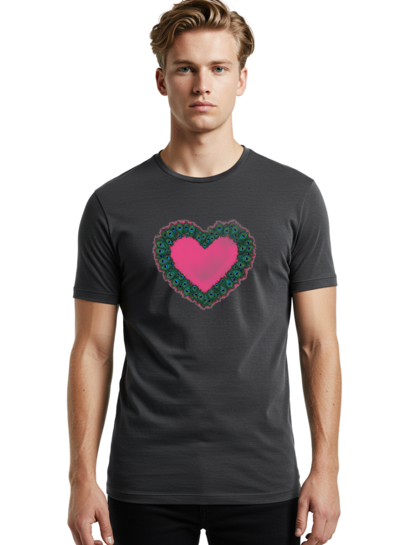 Pink-Heart Men'S Graphic Tee, 100% Cotton, Comfortable Casual Summer Wear, Machine Washable, Heart Shape, Pink Center, Peacock Feathers, Blue Eyespots, Green Hues, Romantic Symbol, Love Heart, Vibrant Colors, Decorative Border, Festive Design, Bab167