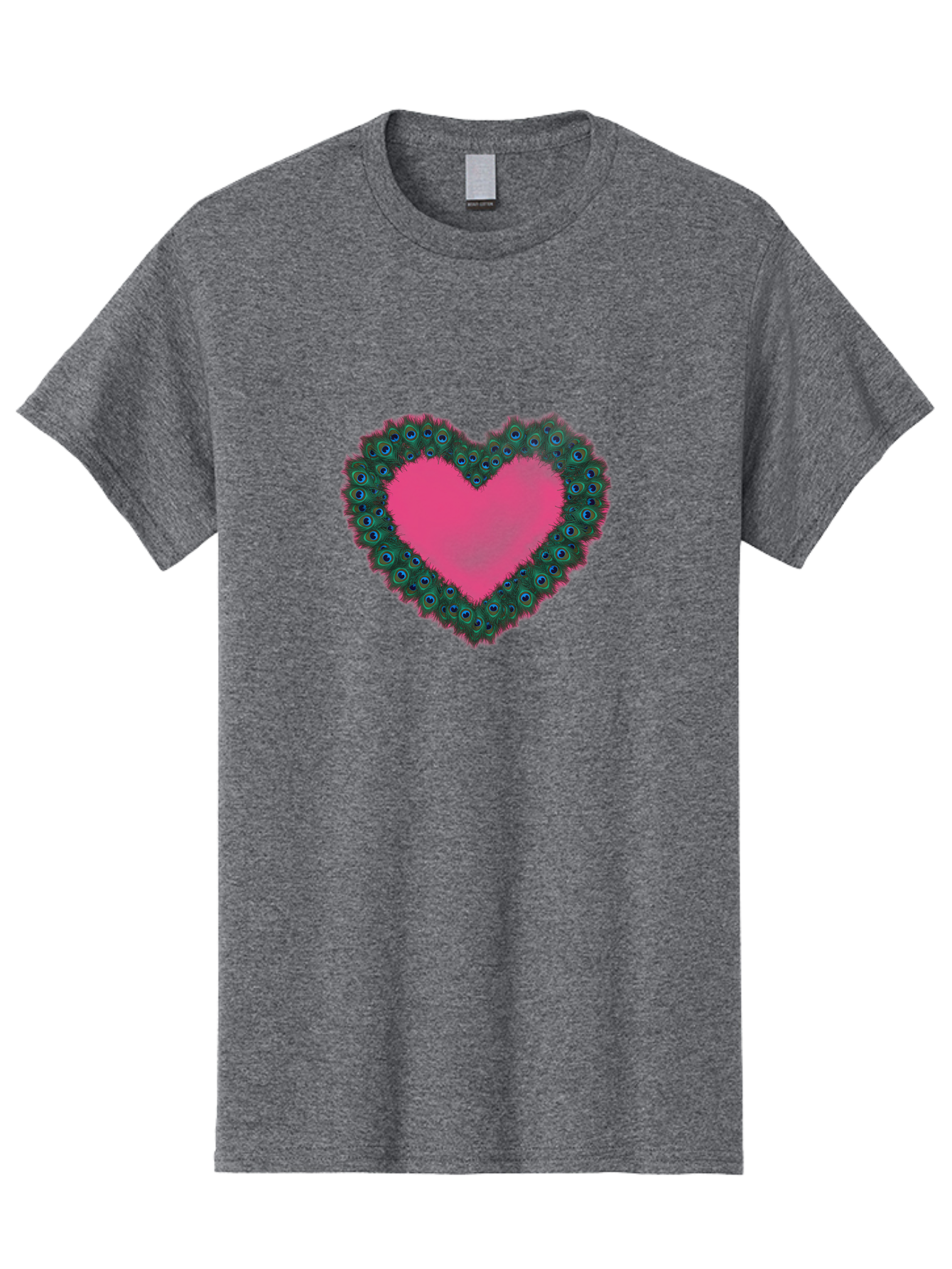 Pink-Heart Men'S Graphic Tee, 100% Cotton, Comfortable Casual Summer Wear, Machine Washable, Heart Shape, Pink Center, Peacock Feathers, Blue Eyespots, Green Hues, Romantic Symbol, Love Heart, Vibrant Colors, Decorative Border, Festive Design, Bab167