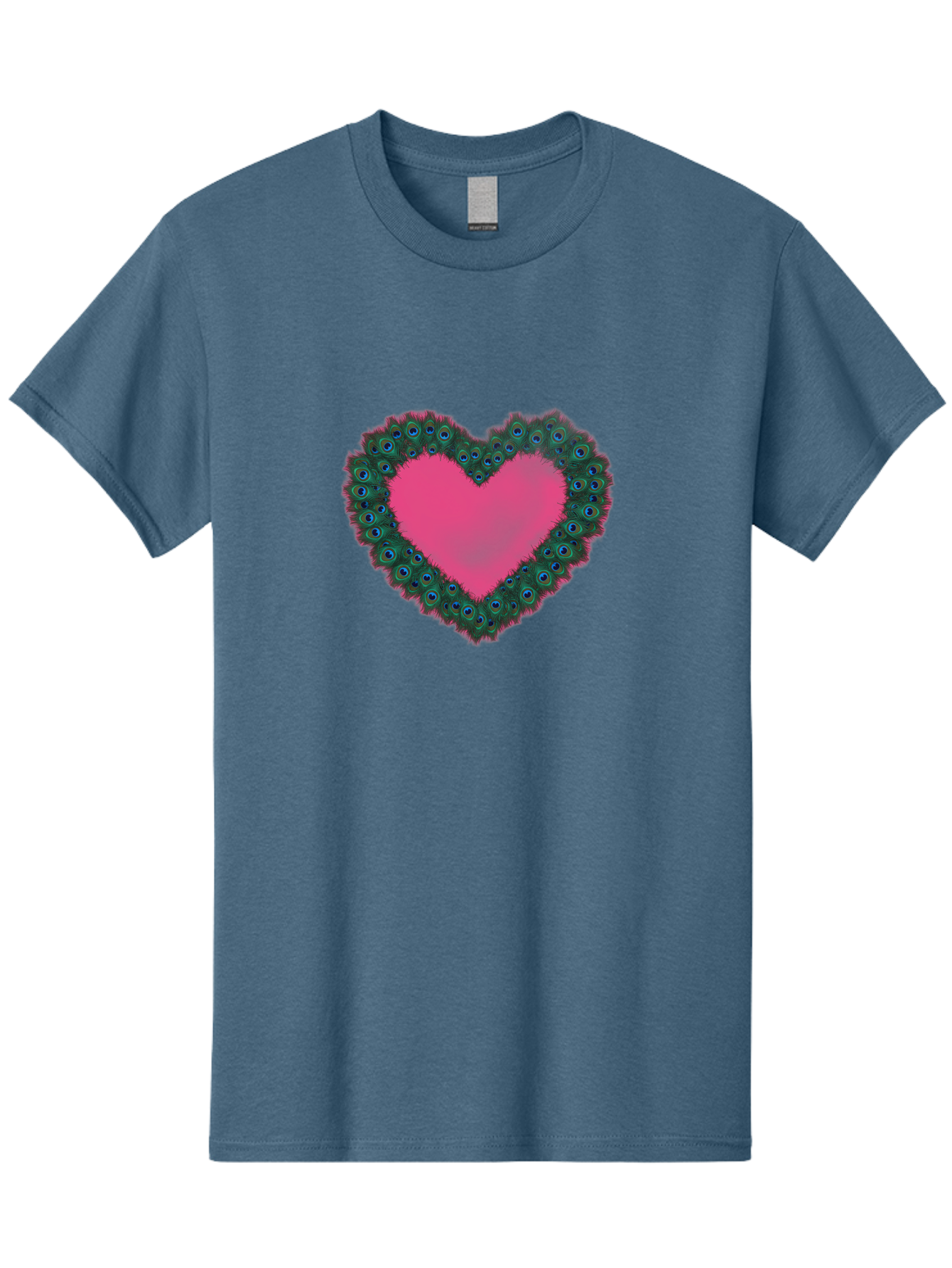 Pink-Heart Men'S Graphic Tee, 100% Cotton, Comfortable Casual Summer Wear, Machine Washable, Heart Shape, Pink Center, Peacock Feathers, Blue Eyespots, Green Hues, Romantic Symbol, Love Heart, Vibrant Colors, Decorative Border, Festive Design, Bab167