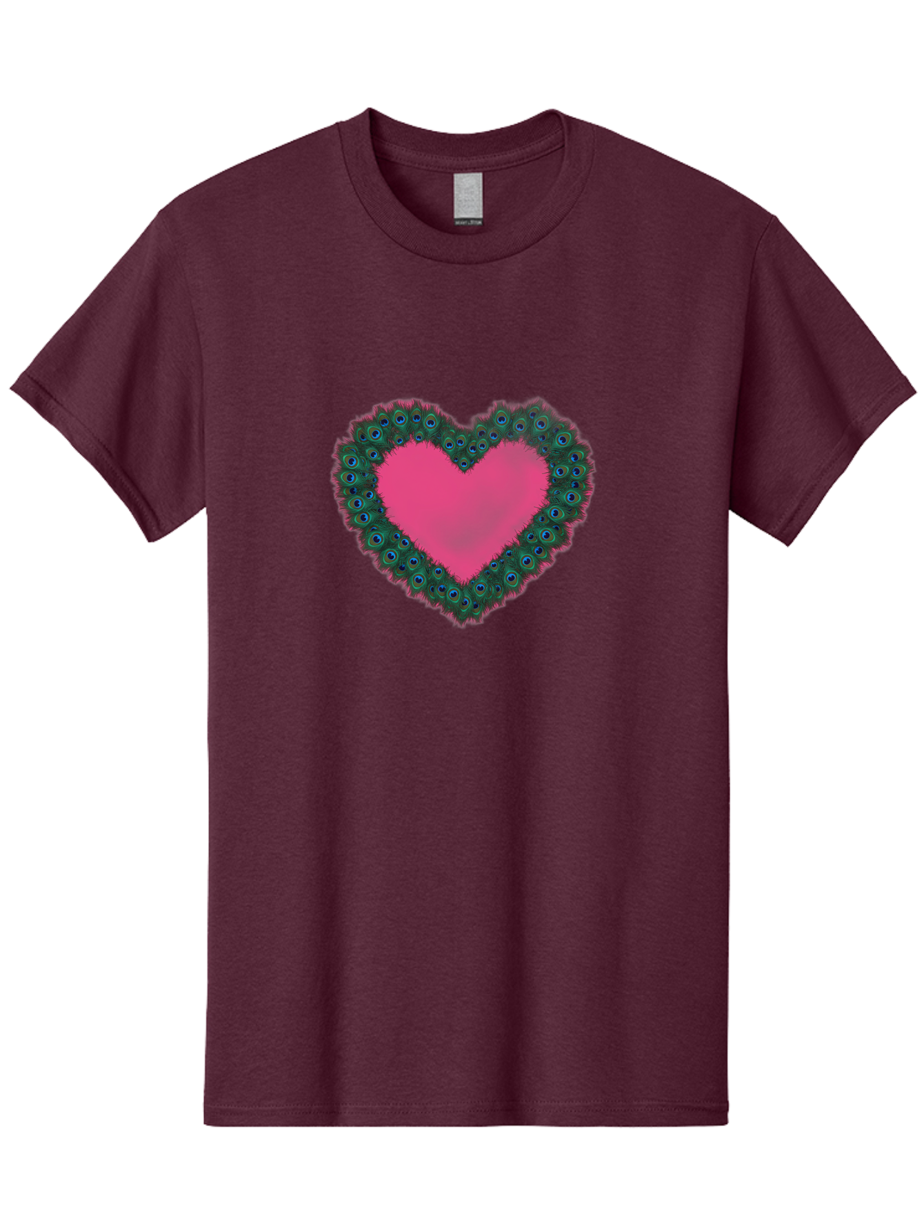 Pink-Heart Men'S Graphic Tee, 100% Cotton, Comfortable Casual Summer Wear, Machine Washable, Heart Shape, Pink Center, Peacock Feathers, Blue Eyespots, Green Hues, Romantic Symbol, Love Heart, Vibrant Colors, Decorative Border, Festive Design, Bab167