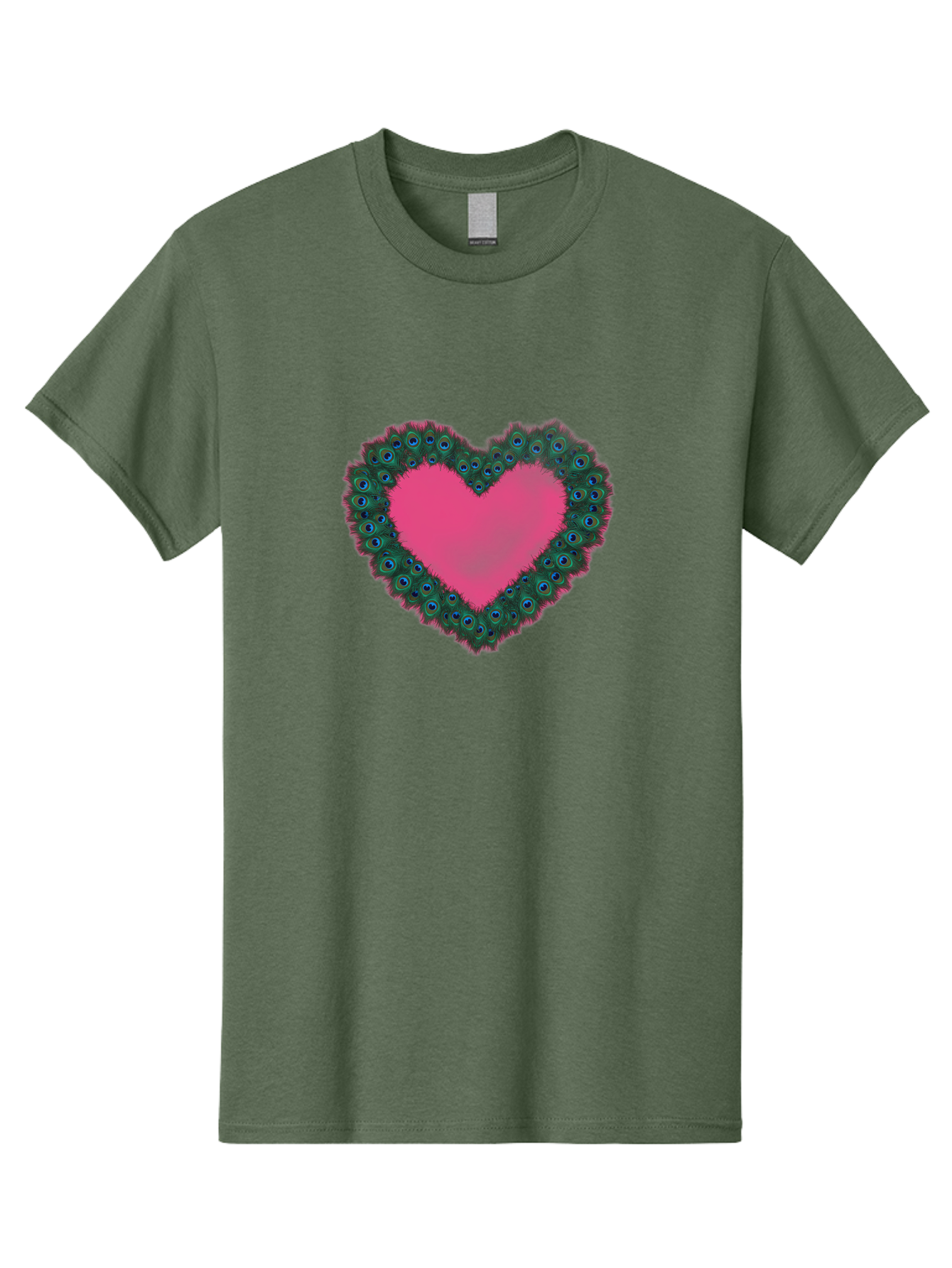 Pink-Heart Men'S Graphic Tee, 100% Cotton, Comfortable Casual Summer Wear, Machine Washable, Heart Shape, Pink Center, Peacock Feathers, Blue Eyespots, Green Hues, Romantic Symbol, Love Heart, Vibrant Colors, Decorative Border, Festive Design, Bab167