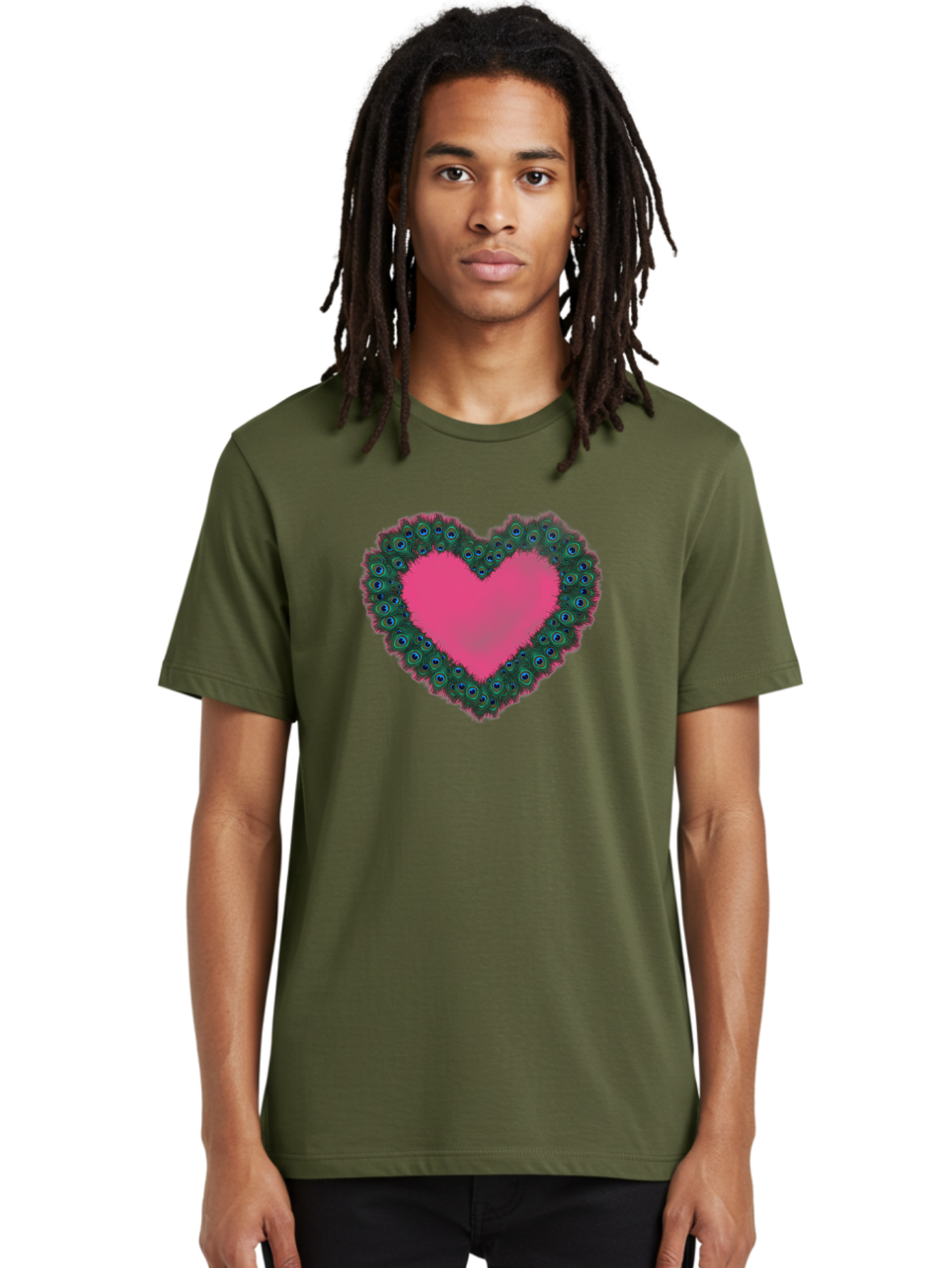Pink-Heart Men'S Graphic Tee, 100% Cotton, Comfortable Casual Summer Wear, Machine Washable, Heart Shape, Pink Center, Peacock Feathers, Blue Eyespots, Green Hues, Romantic Symbol, Love Heart, Vibrant Colors, Decorative Border, Festive Design, Bab167