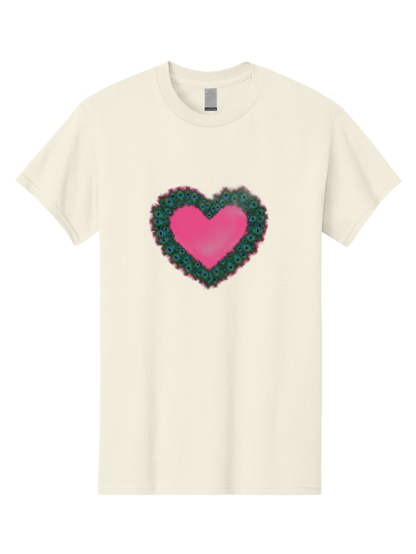 Pink-Heart Men'S Graphic Tee, 100% Cotton, Comfortable Casual Summer Wear, Machine Washable, Heart Shape, Pink Center, Peacock Feathers, Blue Eyespots, Green Hues, Romantic Symbol, Love Heart, Vibrant Colors, Decorative Border, Festive Design, Bab167