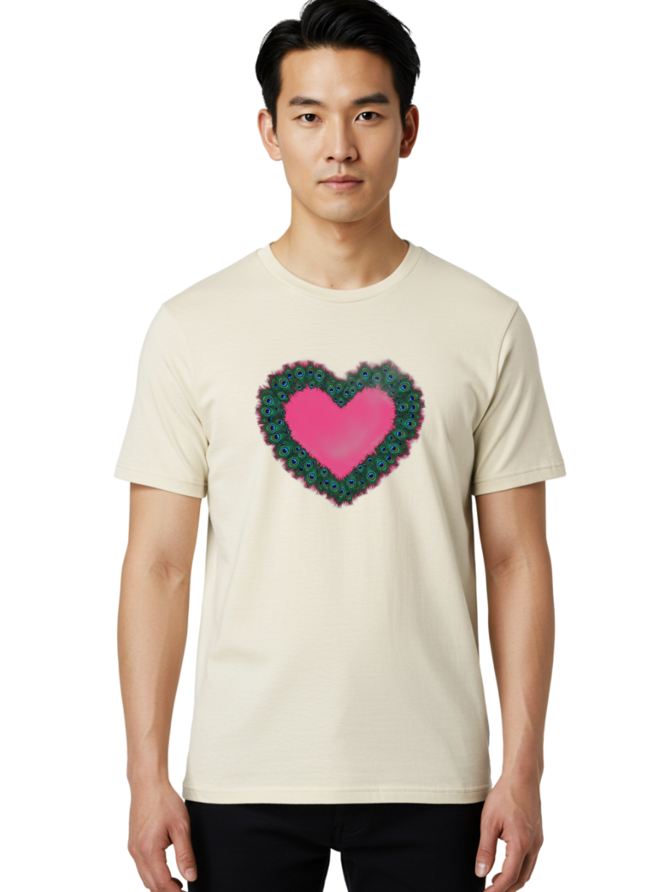 Pink-Heart Men'S Graphic Tee, 100% Cotton, Comfortable Casual Summer Wear, Machine Washable, Heart Shape, Pink Center, Peacock Feathers, Blue Eyespots, Green Hues, Romantic Symbol, Love Heart, Vibrant Colors, Decorative Border, Festive Design, Bab167