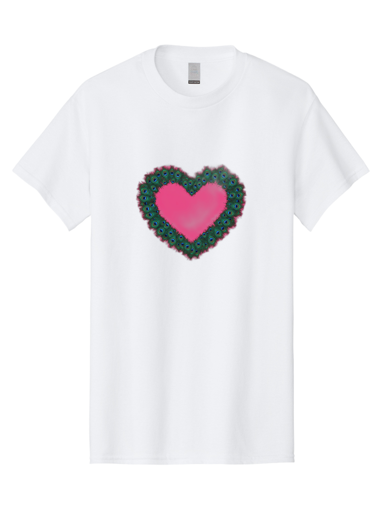 Pink-Heart Men'S Graphic Tee, 100% Cotton, Comfortable Casual Summer Wear, Machine Washable, Heart Shape, Pink Center, Peacock Feathers, Blue Eyespots, Green Hues, Romantic Symbol, Love Heart, Vibrant Colors, Decorative Border, Festive Design, Bab167