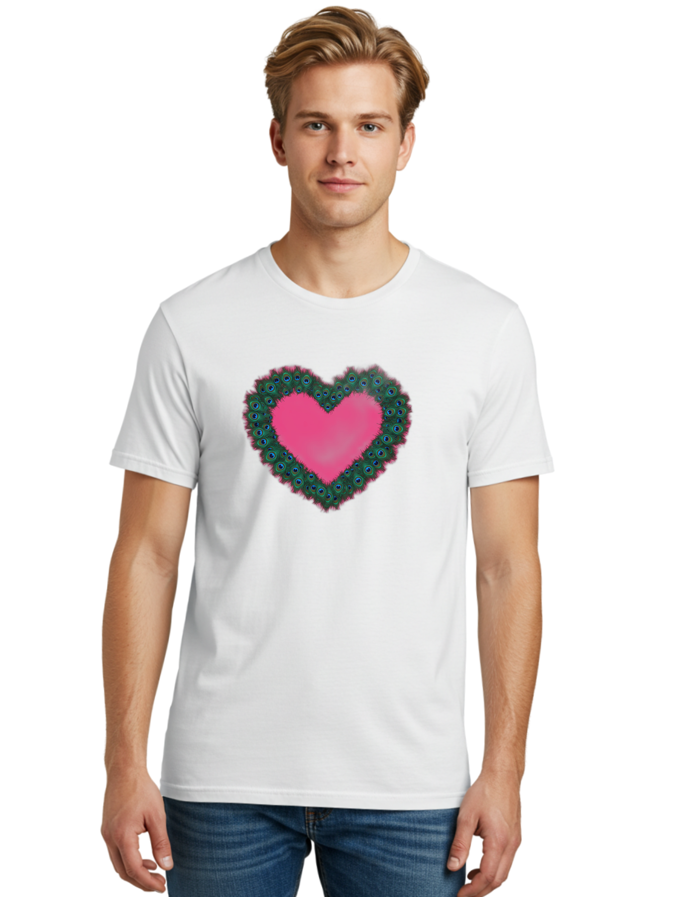 Pink-Heart Men'S Graphic Tee, 100% Cotton, Comfortable Casual Summer Wear, Machine Washable, Heart Shape, Pink Center, Peacock Feathers, Blue Eyespots, Green Hues, Romantic Symbol, Love Heart, Vibrant Colors, Decorative Border, Festive Design, Bab167