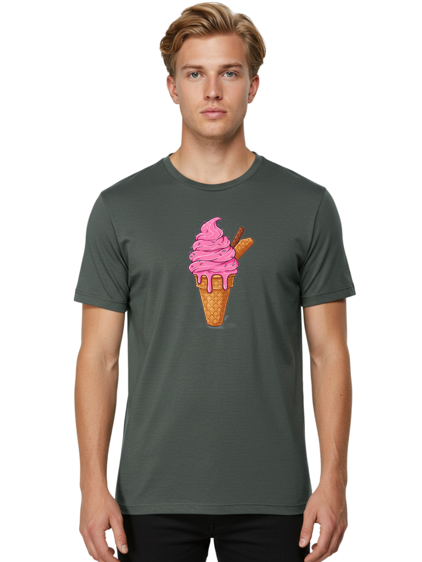 Pink-Ice-Cream-1 Men'S Graphic Tee, 100% Cotton, Comfortable Casual Summer Wear, Machine Washable, Pink Ice Cream Cone, Melting Ice Cream, Waffle Cone, Sprinkles, Wafer Sticks, Sweet Treats, Dessert, Ice Cream Lover, Cartoon Style, Tasty, Bab168